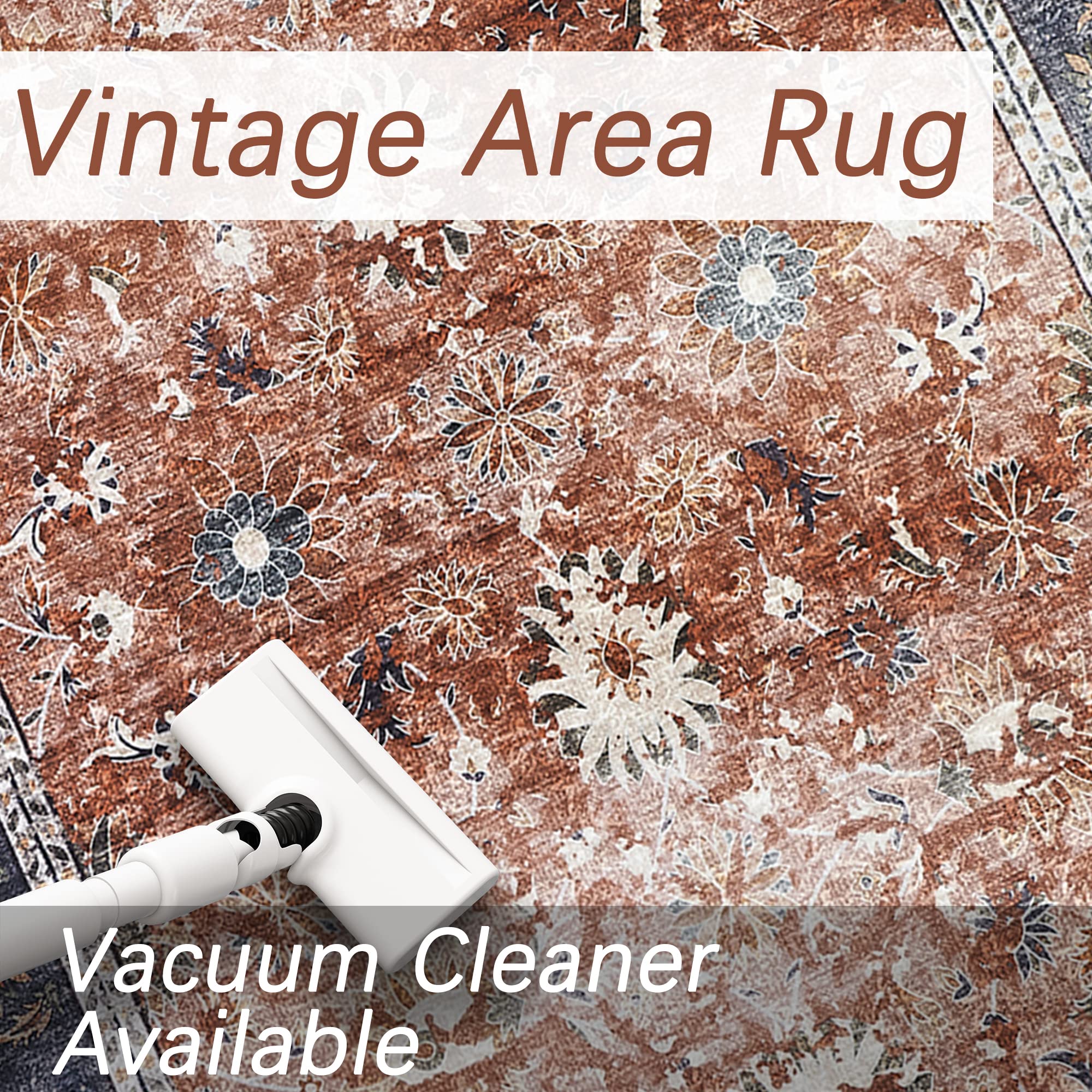 BRICHOEE Vintage Washable Area Rug 4x6 Brick Red Low-Pile Indoor Floral Print Carpet Non Slip Printed Persian Boho Rug for Living Room