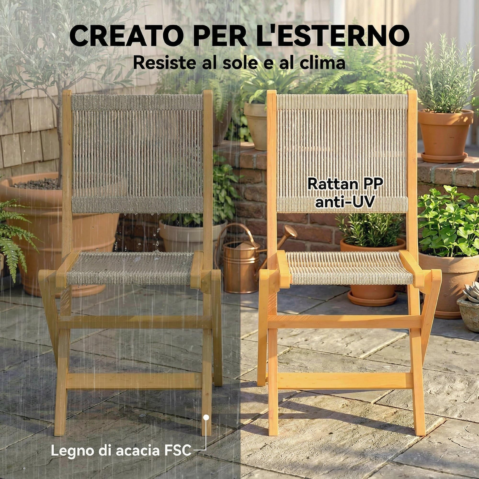 Outsunny Set di 2 Sedie da Giardino in Rattan PP, Sedie Pieghevoli da Esterno, Struttura in Legno di Acacia, per Balcone, Terrazza, Supporto fino a 160 kg, Beige