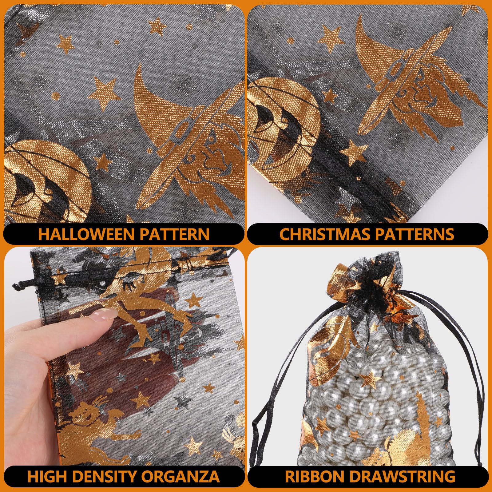 Maasechs Halloween-Organza-Beutel, 100 Stück – 10 X 15 Cm, Mit Kordelzug, In Schwarz, Lila, Orange, Grün