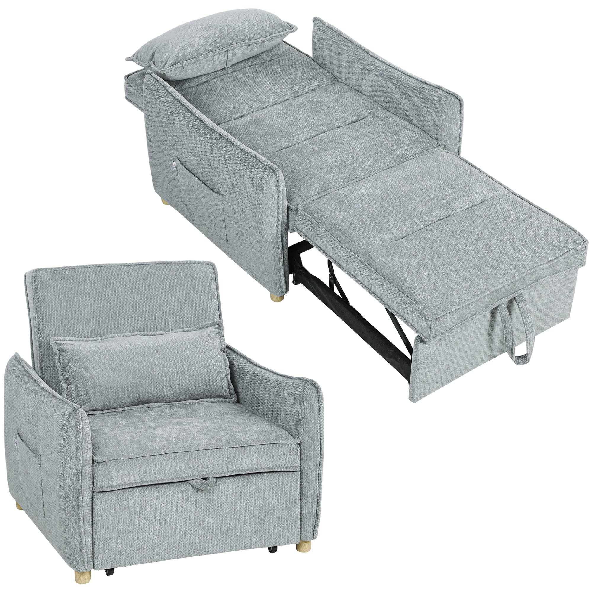 HOMCOM Fauteuil Convertible 1 Place 3 en 1, Fauteuil-lit clic-clac en Chenille avec Assise Large, Dossier réglable, Oreiller et Poches latérales, canapé-lit pour invités, Salon, Petits espaces, Gris