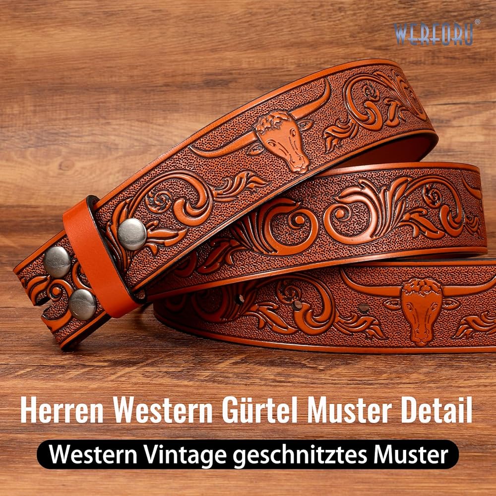 Ceinture Western Homme - Taureau Sculpté, Noir - Taille 34-38 (120cm) - Neuf