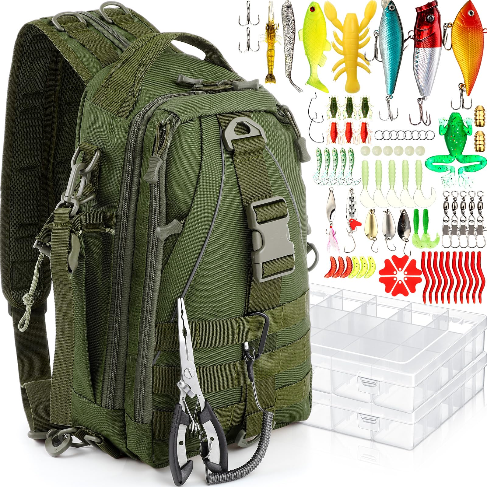 RoundFunny 85 Pcs Fishing Backpack with Tackle Boxes, Tackle Sling Bag with Rod Holder, Fish Lures Kit and Pliers Set, Christmas Fishing Gift for Men