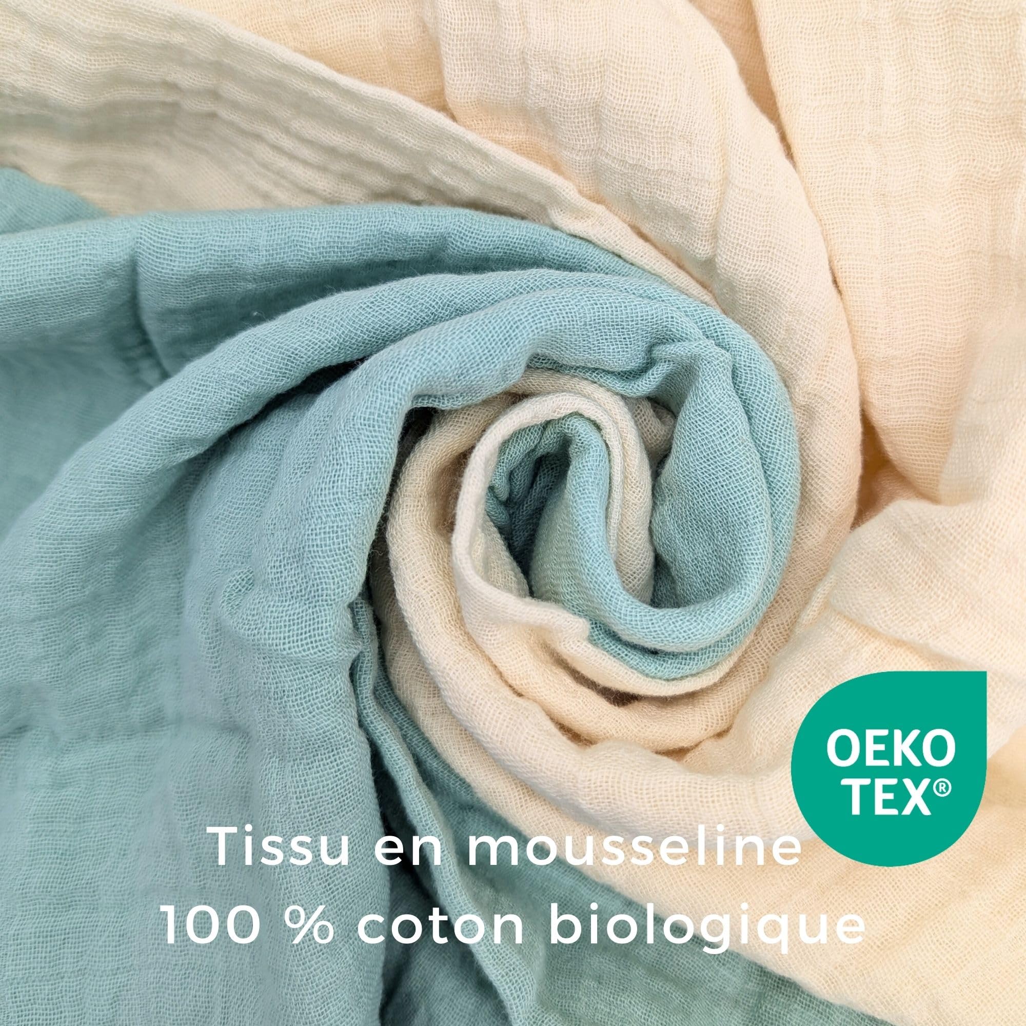 Lange Bebe 80x80 cm, Mousseline (très Doux) en Coton Biologique (Oeko TEX 100 + GOTS) | Langes Coton bébé, Mousselines emmaillotage Bebe - Lavable à 60° (Nature)