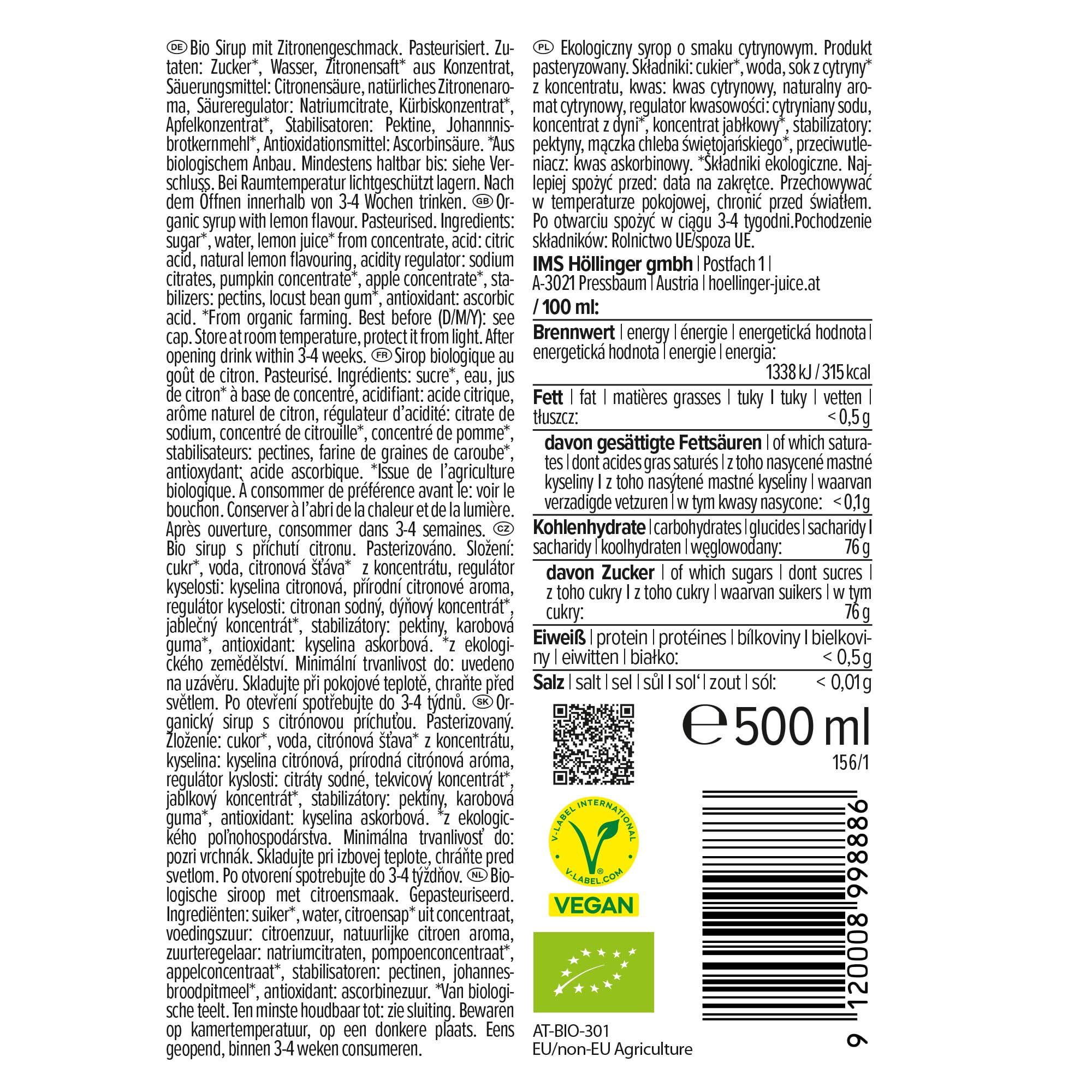 Hollinger Limoncello Syrup Bio Senza Alcol, Sciroppo al Limone Naturale, Concentrato 1:9, 3x 500ml