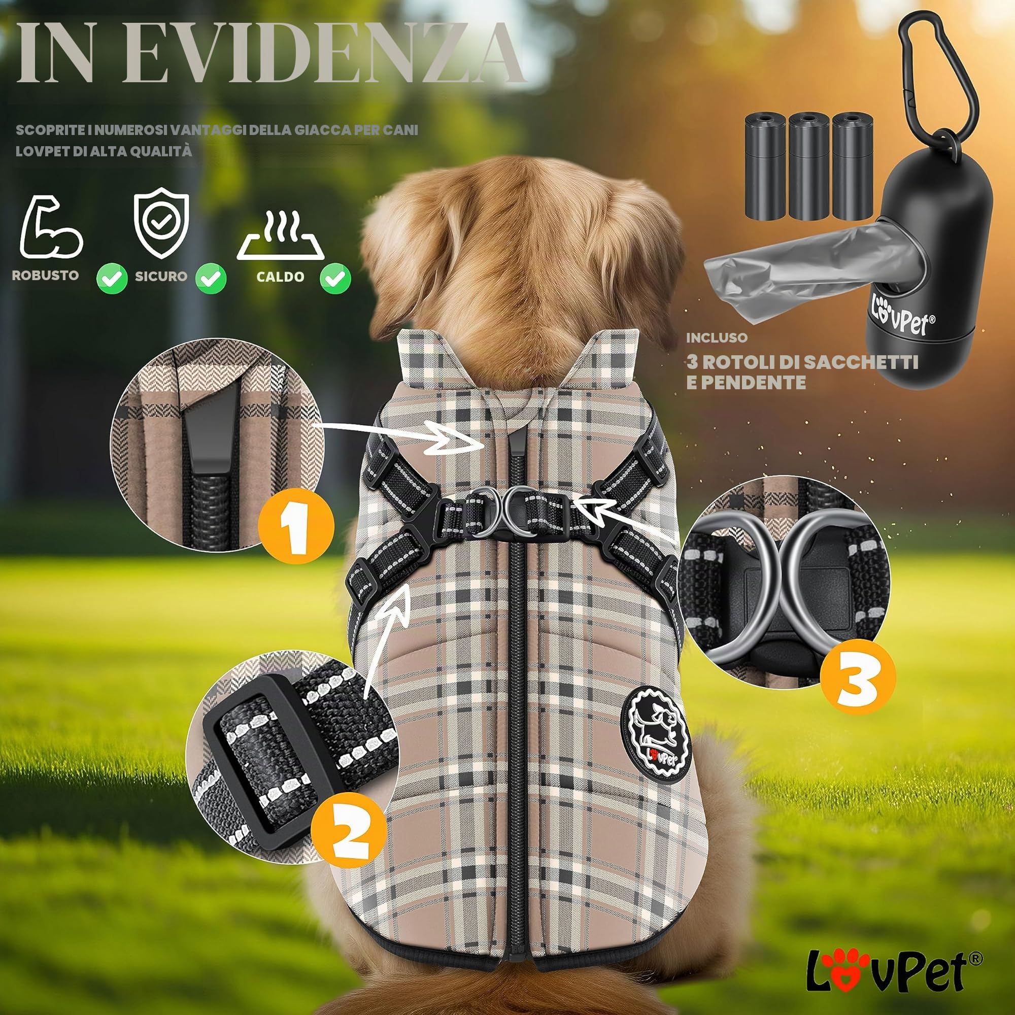 Lovpet® Giacca per Cani con Pettorina, con 45 Sacchetti per Escrementi + Dispenser per Cani, Gilet Invernale Imbottito, Impermeabile, con Cintura Toracica, riflettori, Anello a D 5XL, Beige