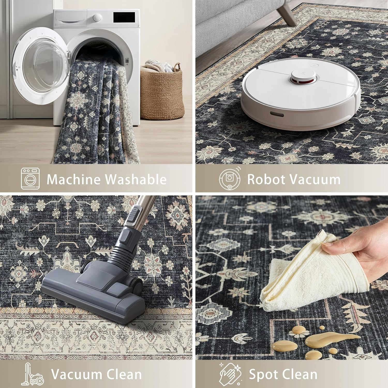LAISE Boho Entry Rug 3x4 Rugs for Entryway Kitchen Bathroom Door Mat Indoor Entrance, Non Slip Rubber Backing, Stain & Fade Resistant, Vintage Medallion Design (Black Golden,3x4)