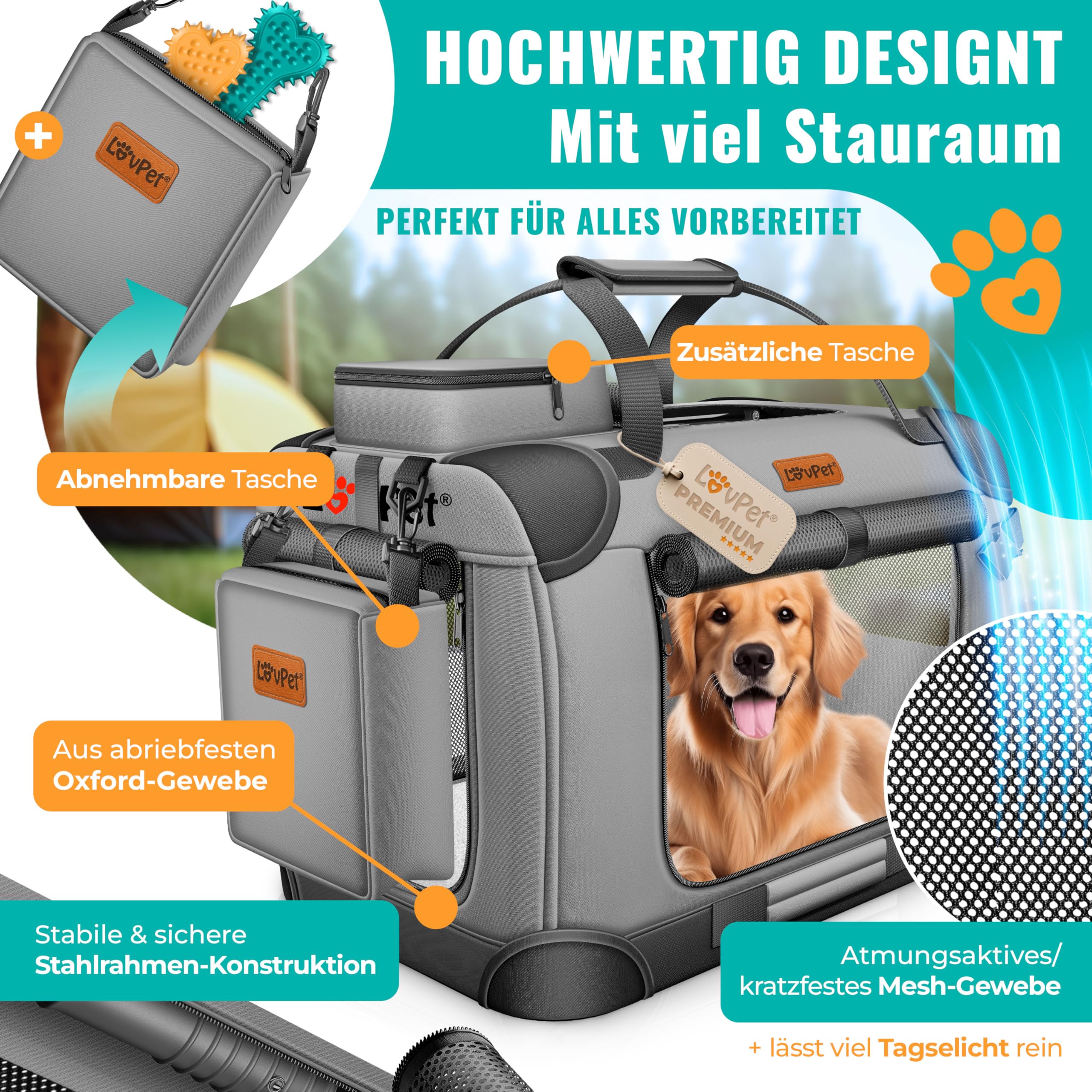 TRESKO® Hondenbox opvouwbaar incl. likmat, spatel & reflectoren XXXL 102x69x69cm | Transportbox voor honden en katten | Hondentransportbox auto voor kleine & grote honden | Hondentas robuust rood