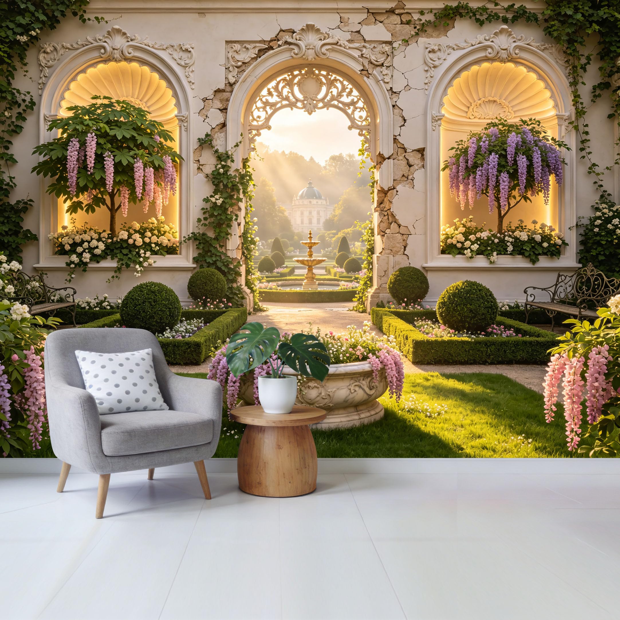 Custom Size Wall Mural Elegant Botanical Garden Archway with Wisteria and Sunlight Fountain Removable Self Adhesive Fabric Home Wall Decor for Living Room Bedroom Bathroom