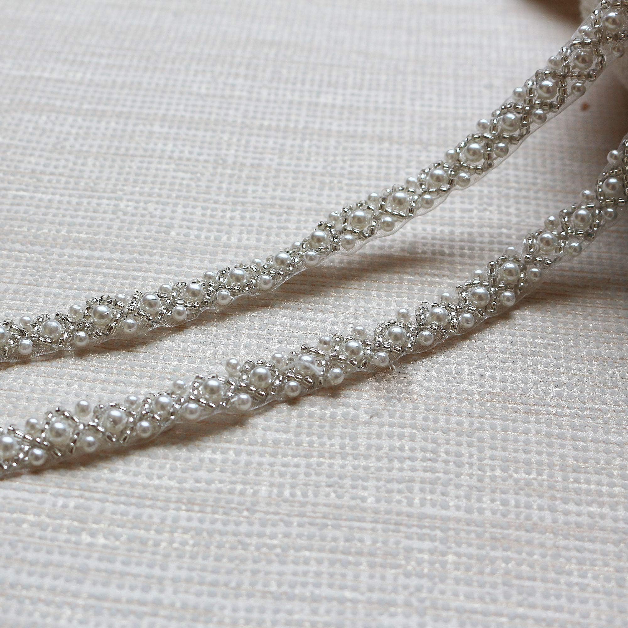 LITTLE PANDADA 2 Yards Pearl Beaded Trim Bridal Lace Ribbon Trimming Edge for DIY Craft Sewing on Costume Bridal Dress Decor 1cm (Ivory)