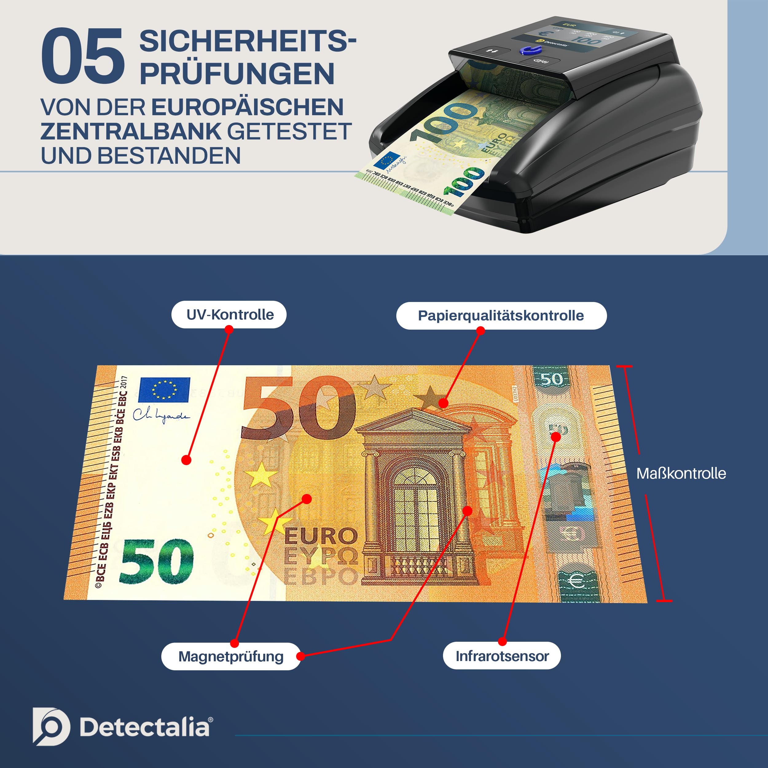 Detectalia D7T+, Falschgeldprüfer, getestet für EUR, GBP, USD, mit 5 Fälschungsprüfungen, mit Alarm, TFT-Display, EZB-Zertifiziert