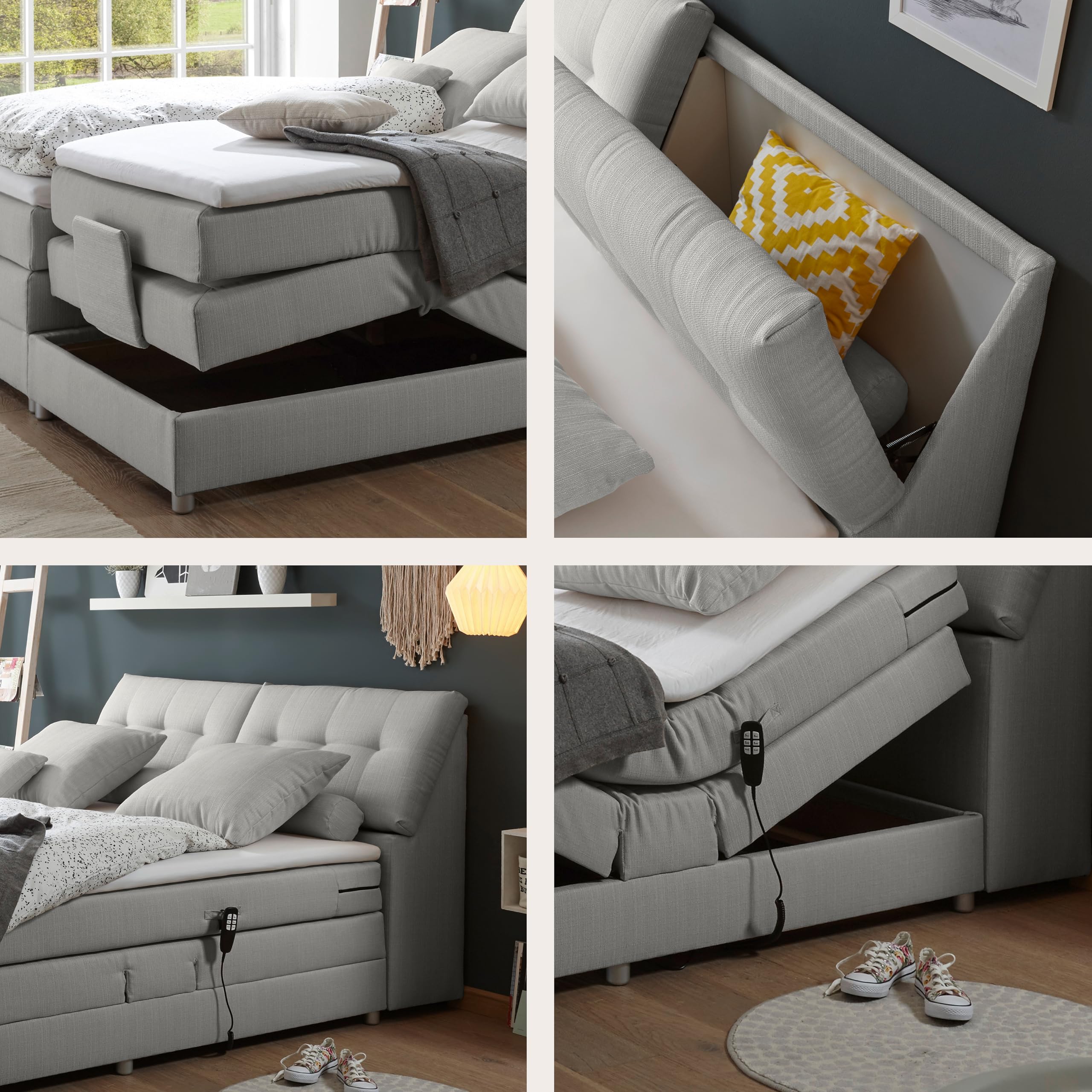 CARPINO Boxspringbett 180x200 elektrisch verstellbar, Silber - Bequemes Doppelbett mit dekorativer Steppung & Komfortschaum Topper - 180 x 110 x 234 cm (B/H/T)