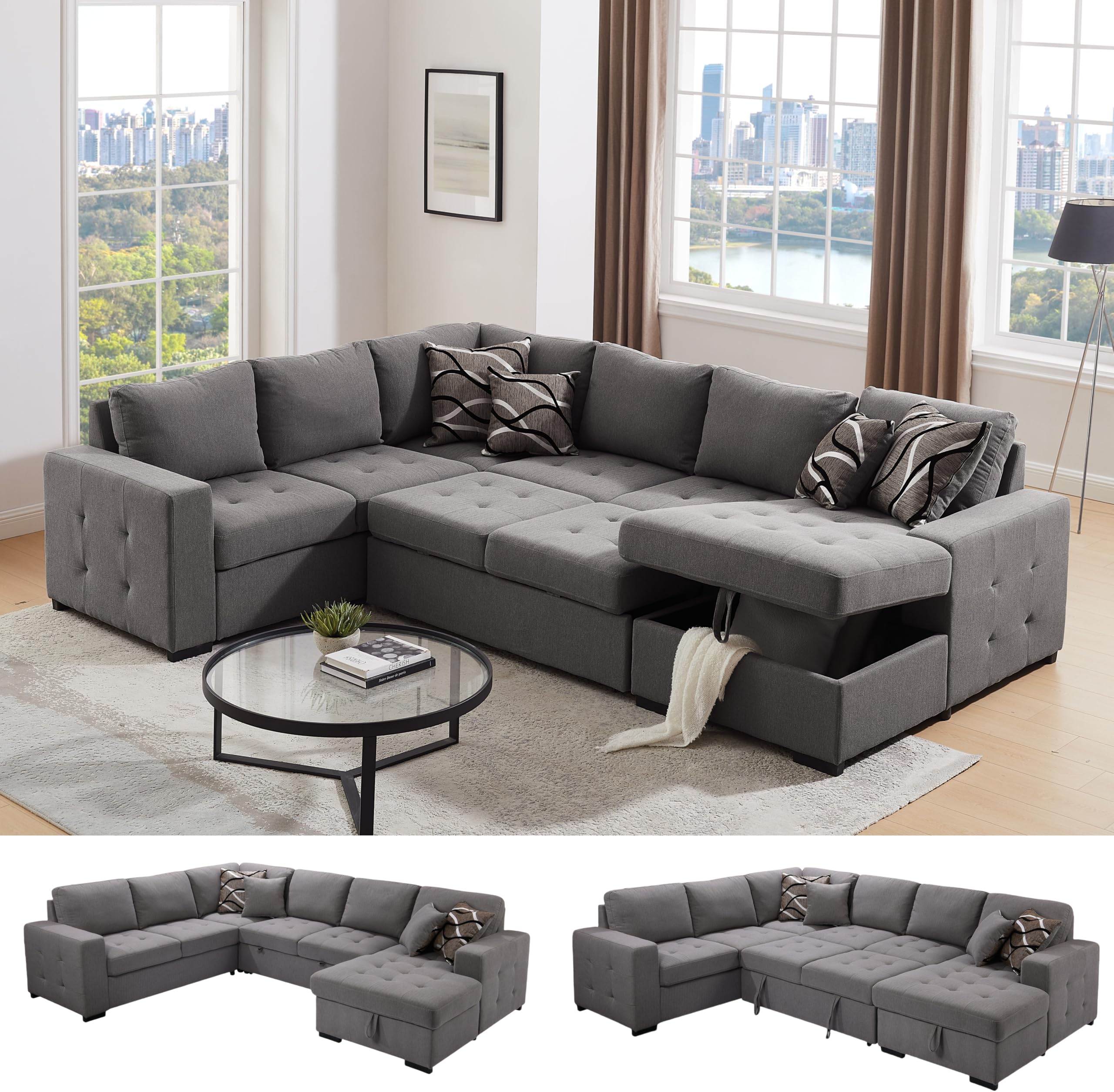 THSUPER 123'' Sectional Sleeper Sofa Couch with Pull Out Bed, 6 Seater U Shaped Oversized Comfy Linen Sleeper Sectional Sofas Couches with Storage Chaise for Living Room, Gray