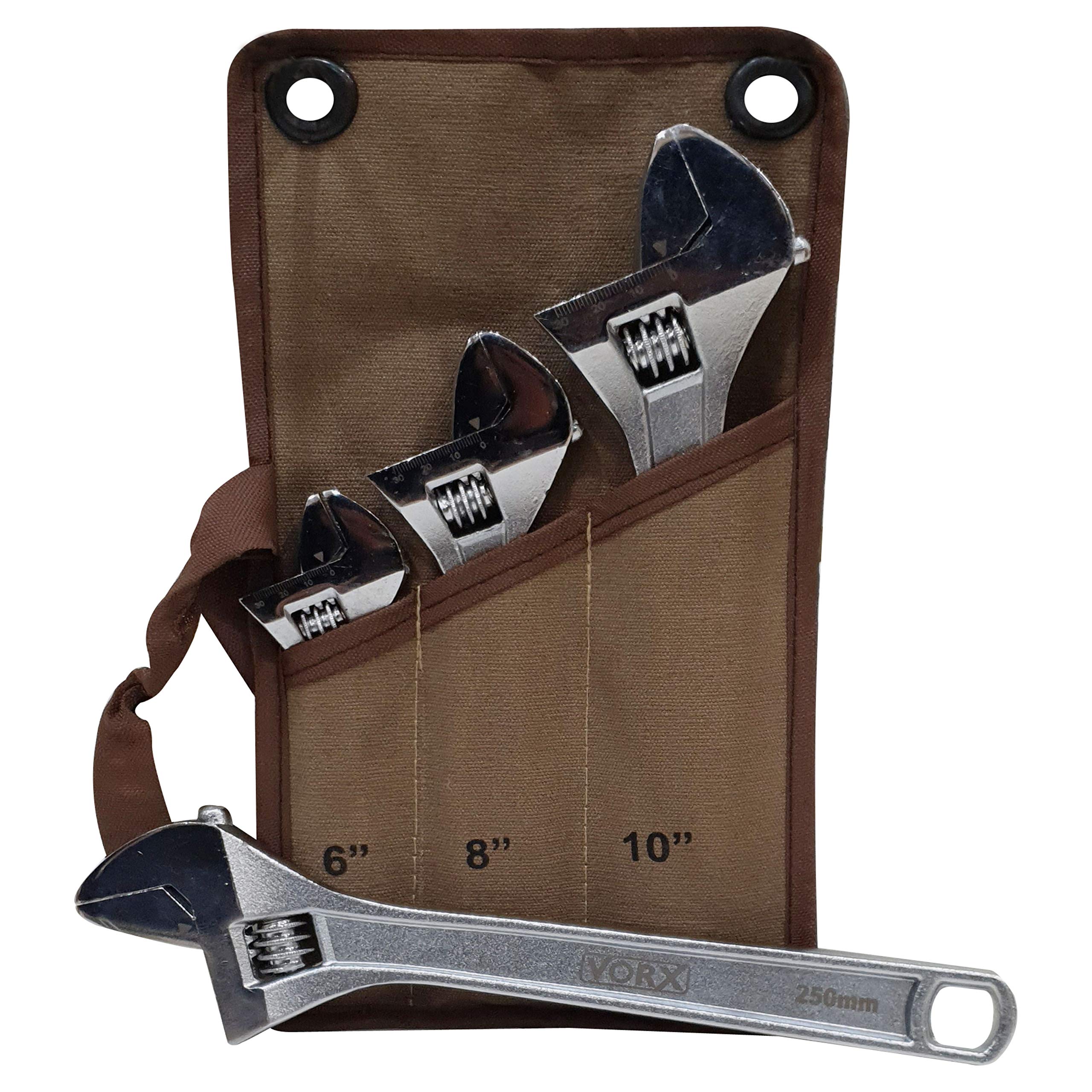 Vorx 3Pc Crv Adjustable Wrench Adjustable Spanner 3Pc Adjustable Plumbing/Shifting Spanner (6”, 8”, 10”) Chrome Vanadium Steel Chrome Plated, 150Mm, 200Mm,250Mm, Set In Canvas Storage Pouch