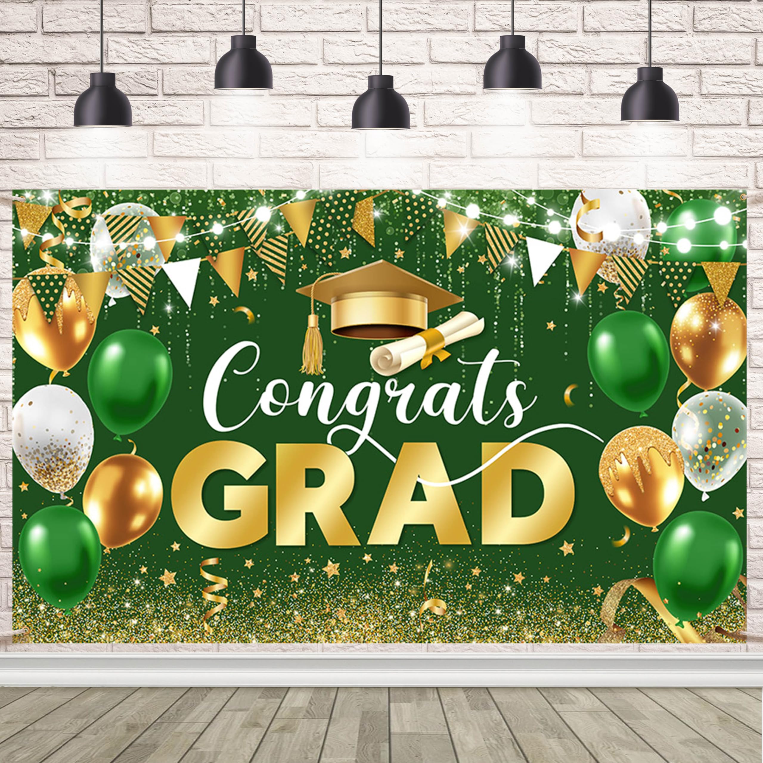 AIBIIN Graduation Decorations 2025 Congrats Grad Backdrop Green Gold Glitter Balloons Congratulations Graduation Party Decorations Background for