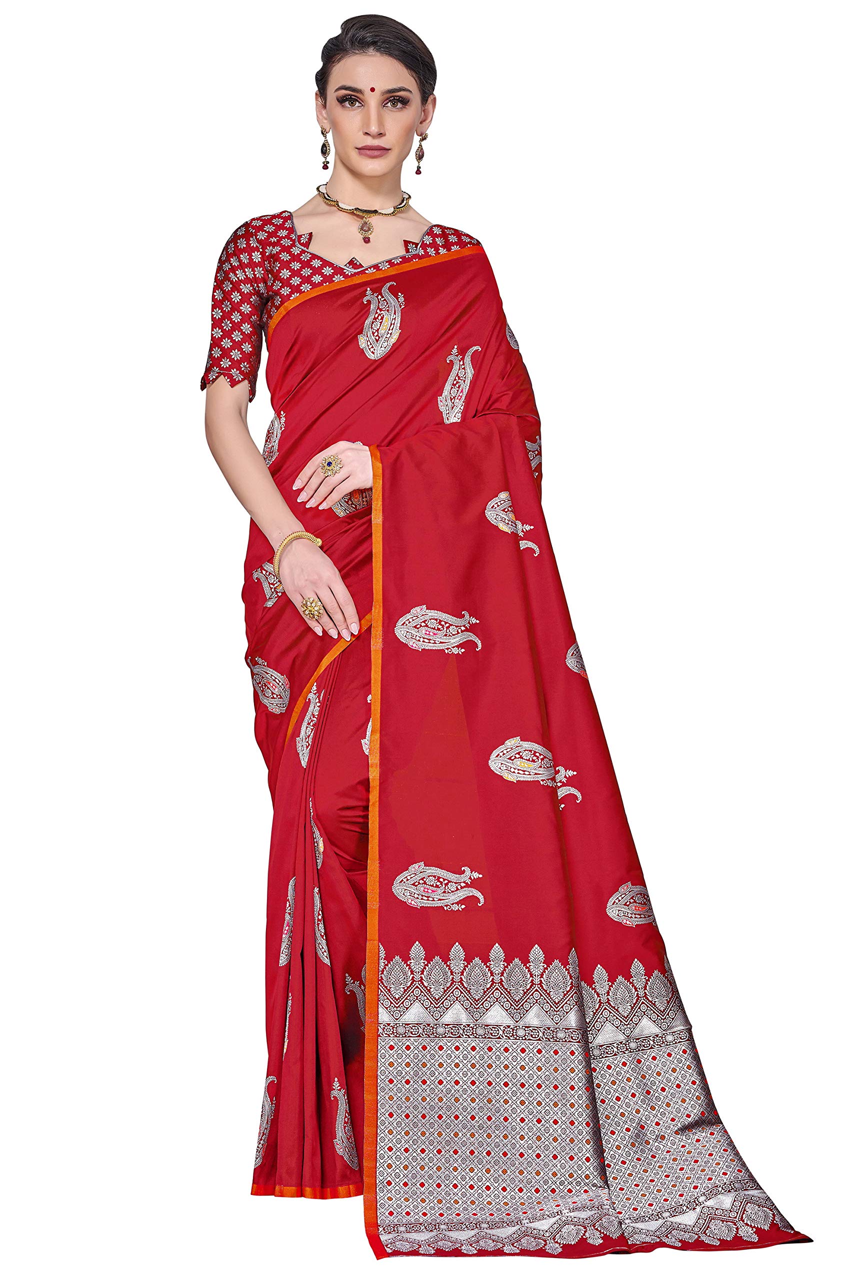 Glory Sarees Womens Banarasi Silk Saree With Blouse Piece (Gs_Kara143_Red)