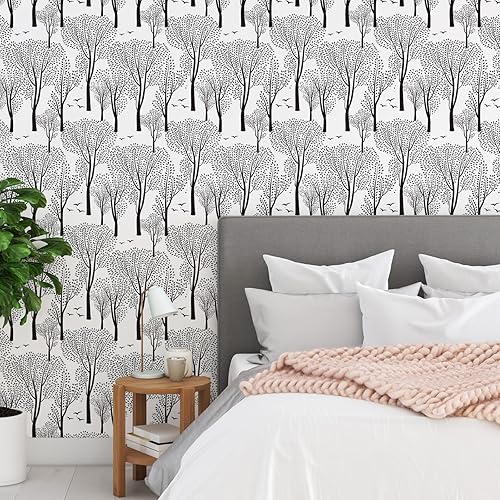 Miniatura 4 de VEELIKE Papel tapiz bohemio con diseño de bosques y flores, color blanco y negro, de 17.7 x 118 pulgadas, papel de contacto autoadhesivo y prepegado