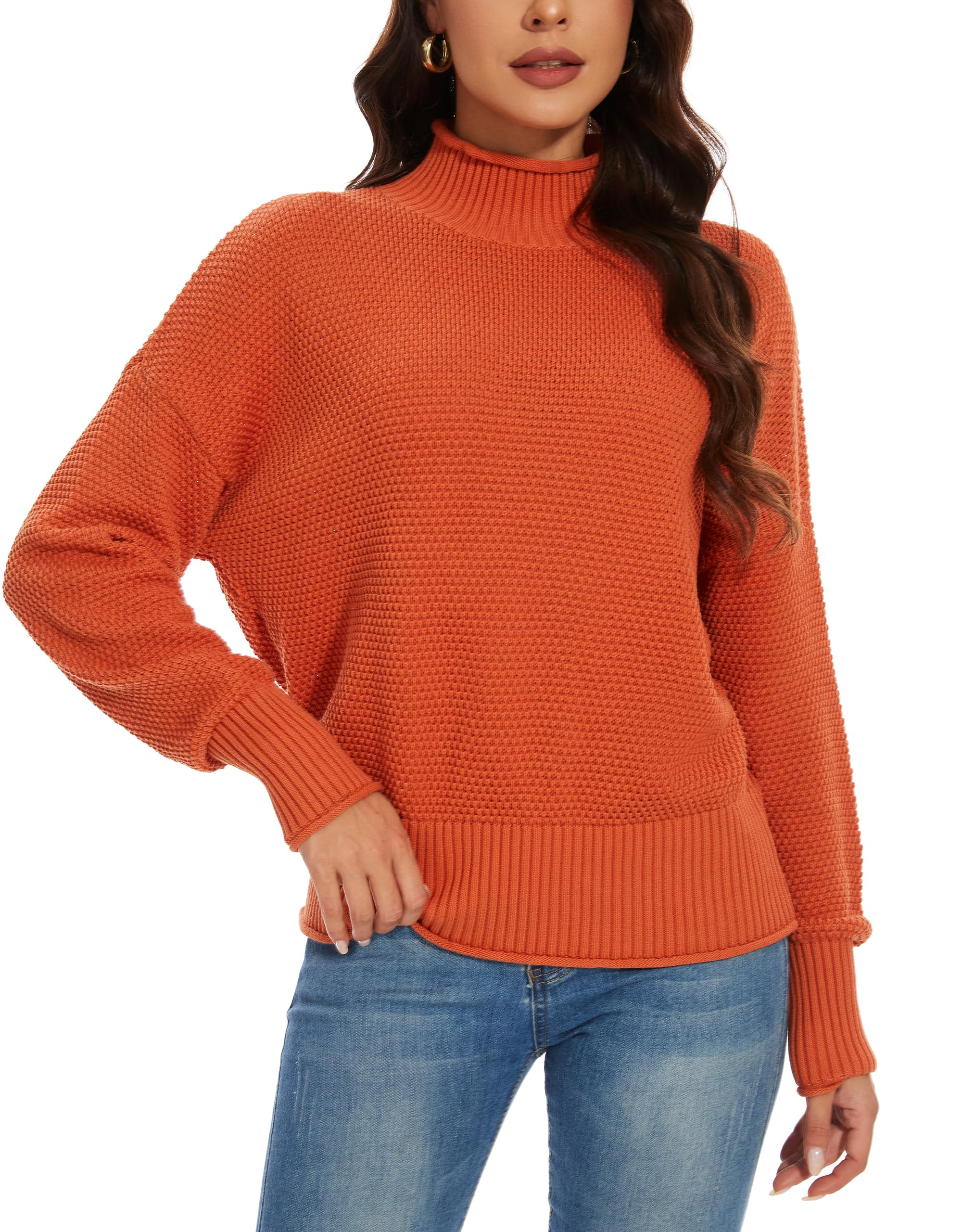 Women's 100% Cotton Turtleneck Oversized Sweaters Loose Long Sleeve Pullover Batwing Knit Jumper