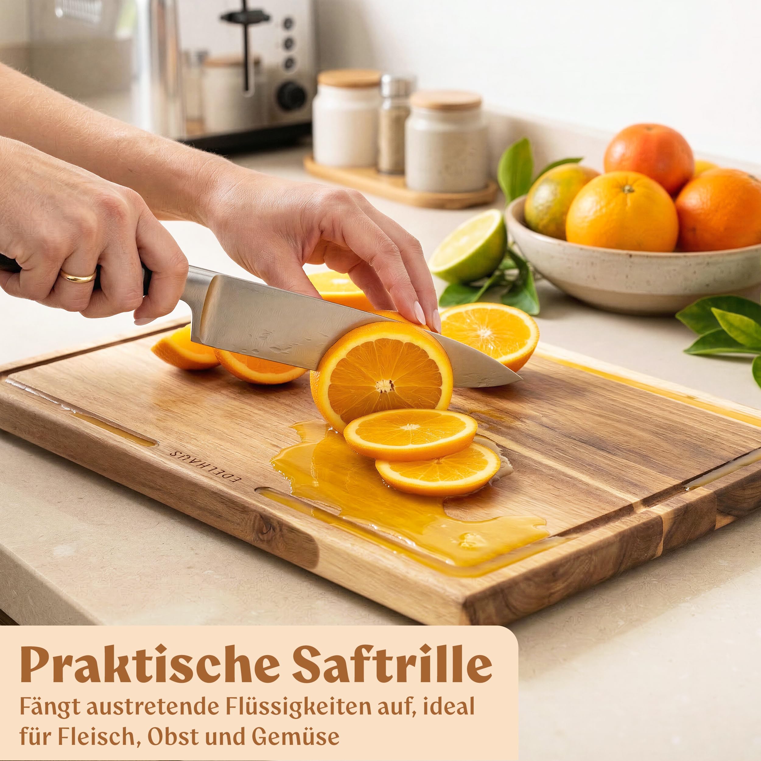 EDELHAUS Schneidebrett Holz 3er Set (40x30cm / 33x24cm / 26x18cm) Holzschneidebrett aus Massiver Akazie - 2cm dicke Holzbretter Küche mit Saftrille - Design Cutting Board Schneidbrett Set