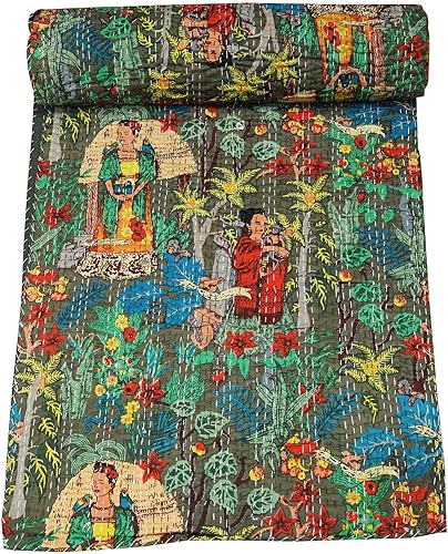 Marubhumi Colcha de algodón puro Kantha con diseño tradicional indio de Farida (gris, individual (60 x 90 pulgadas)