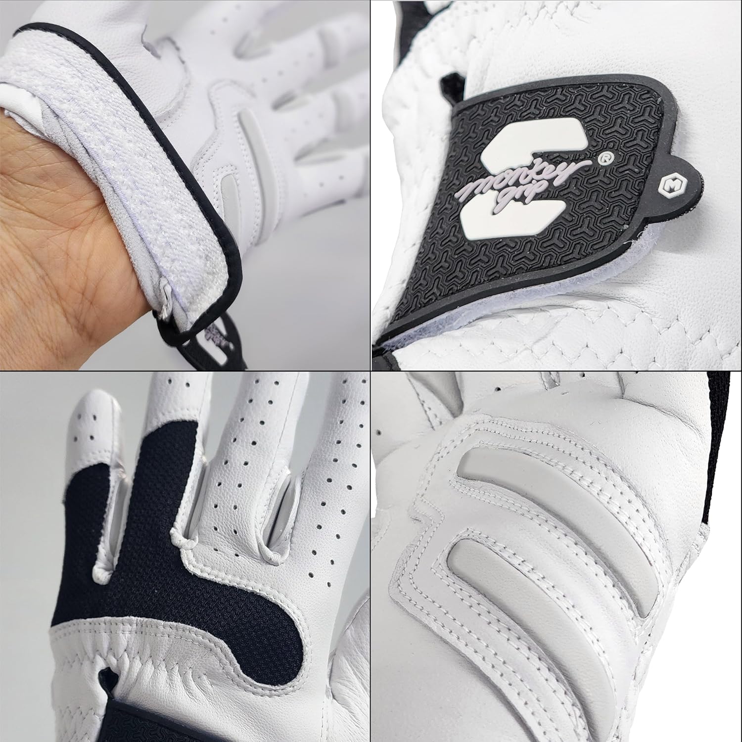MONKEY GRIP Golf Glove Bearing Capacity Non Slip No Slice pad Premium Leather Power Pad Left Hand, MAN-Small, White