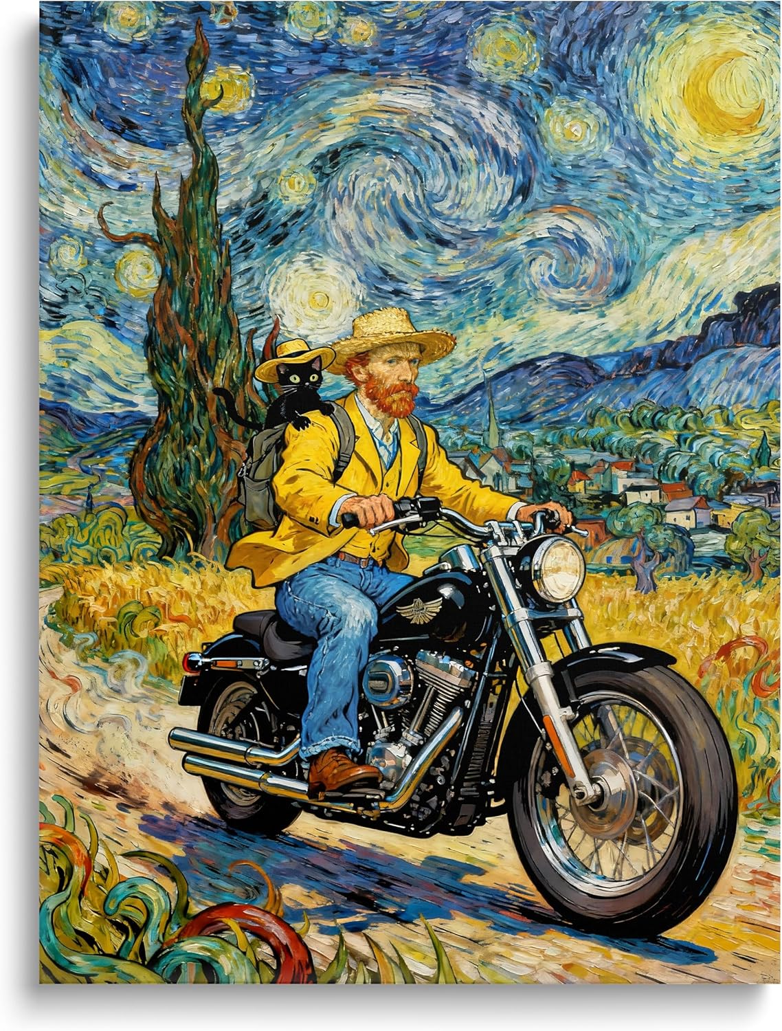 TimAsh Monet Water Lilies with Cat Wall Art, Framed Vintage Canvas Decor Playful Black Cat & Orange Cat Print for Living Room Bedroom Bathroom and Office 24L x 16W