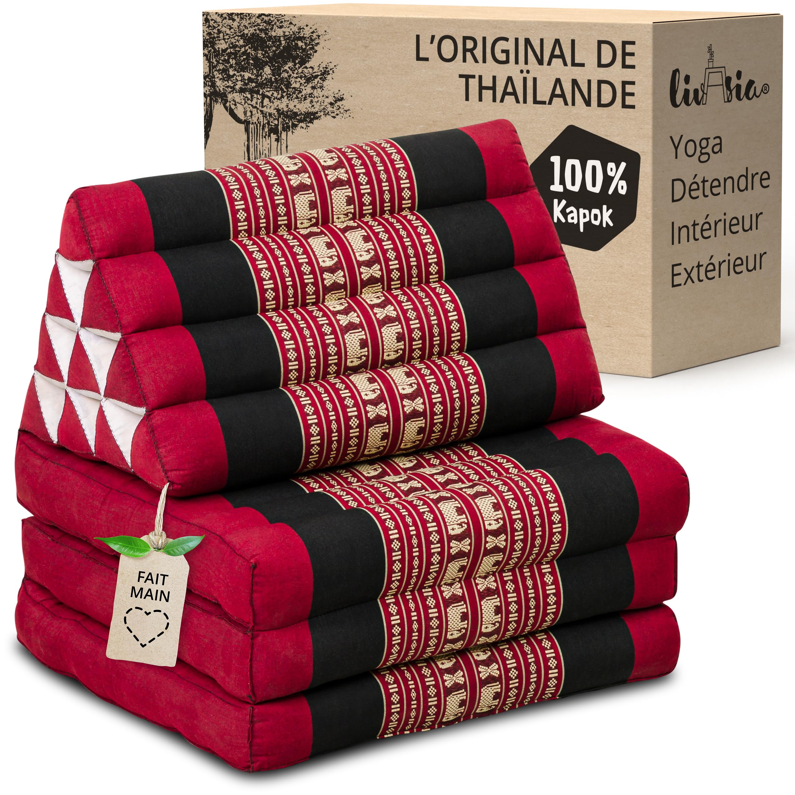 Coussin thaï à 3 blocs livasia de 175x50x8cm rouge avec motifs éléphants fait main