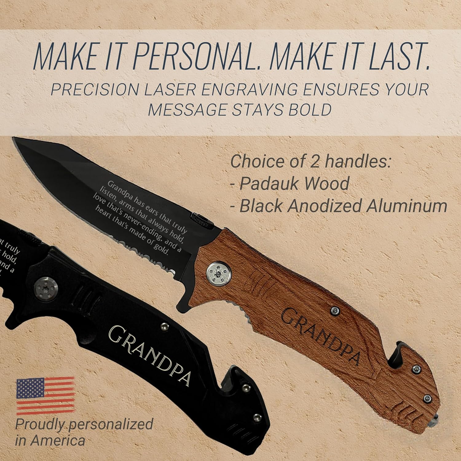 Personalized Pocket Knife for Men with Clip | Laser Engraved Message, Folding Utility Knife, Tactical Switchblade for Camping, Hunting, Rescue | Custom Birthday Gift for Dad, Husband, Groomsmen Gifts