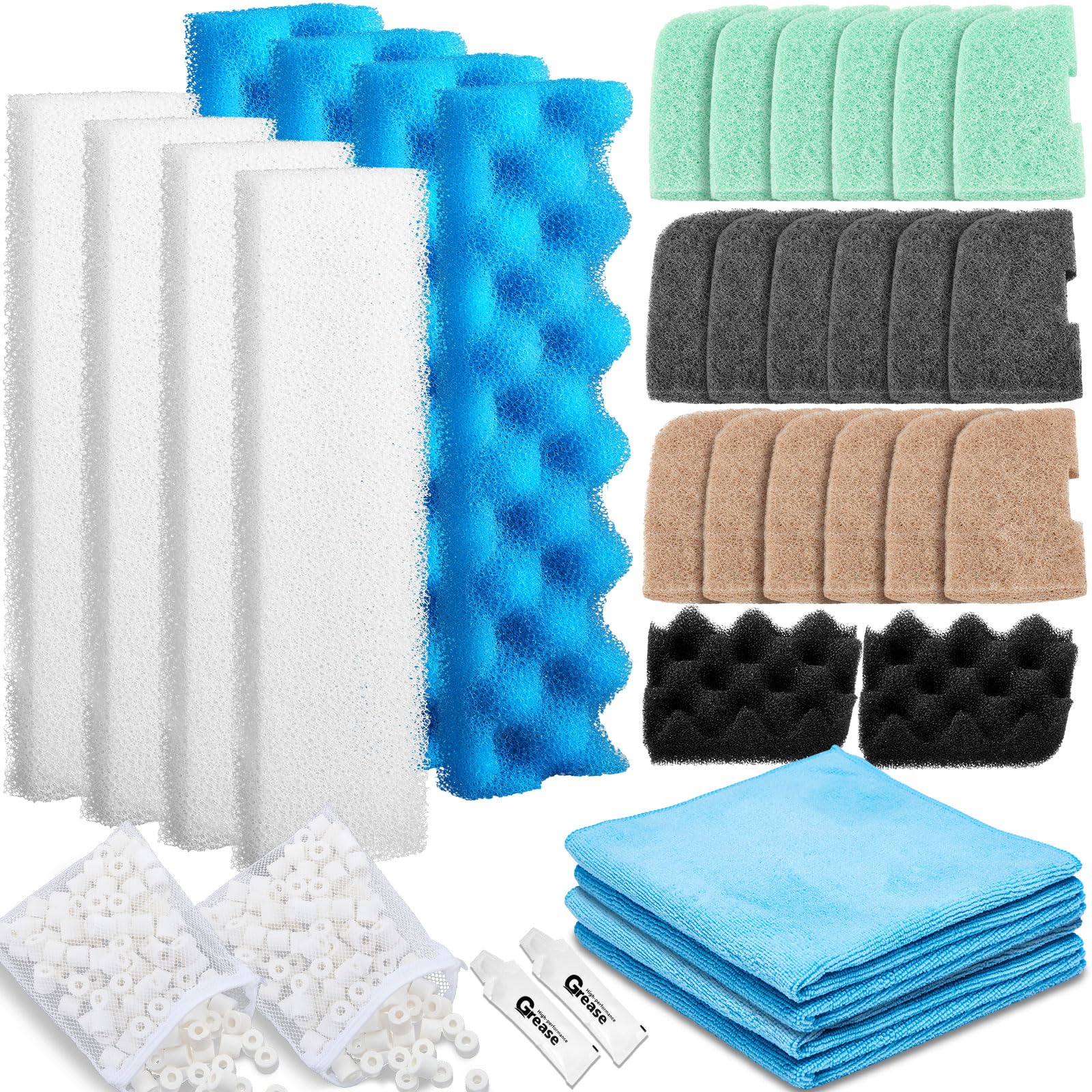 Threlaco Lot de 32 médias filtrants compatibles avec les filtres 406/407, kit d'entretien de rechange pour aquarium, éponge biologique, tampon dissolvant d'ammoniac/phosphate/nitrite, serviette
