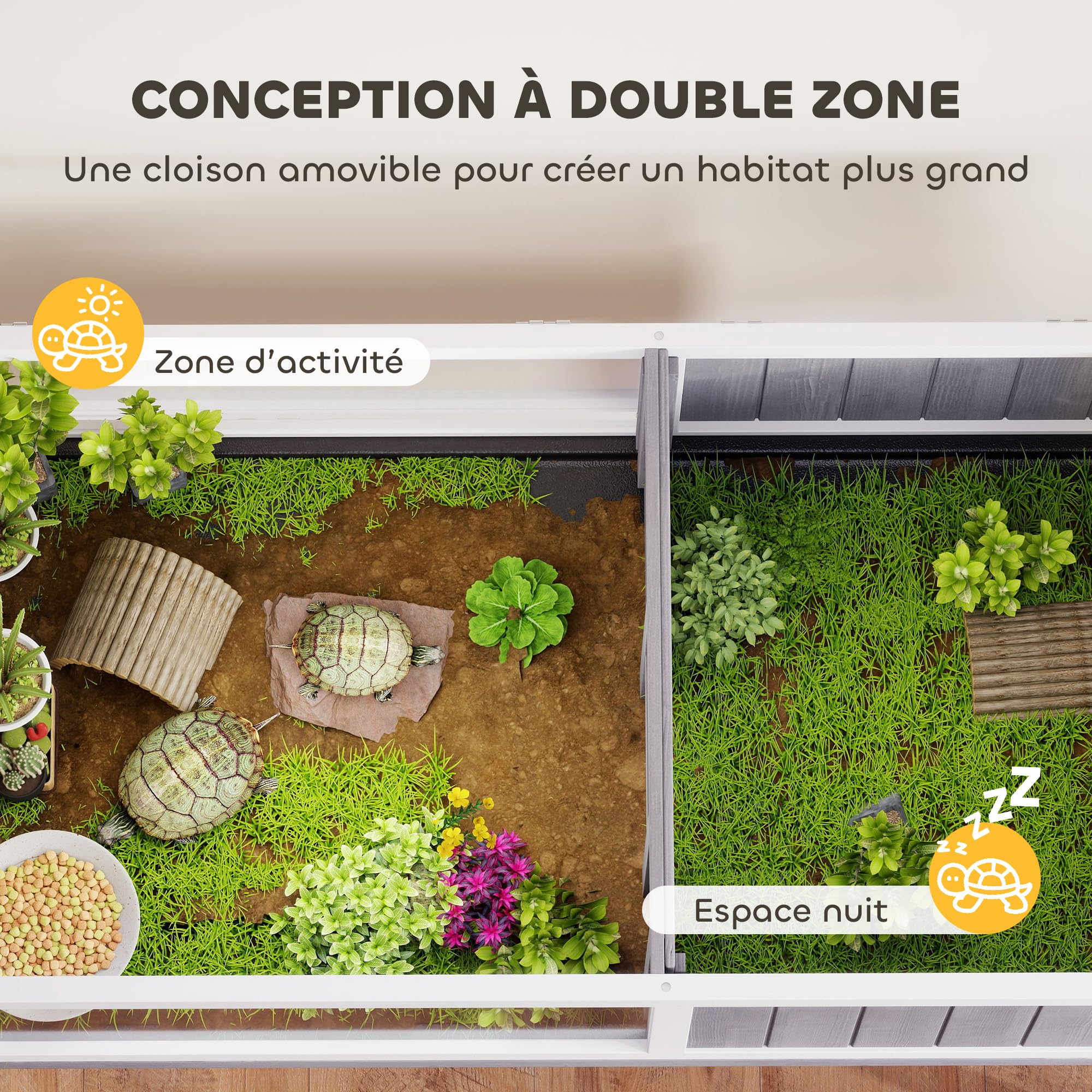 PawHut Maison pour Tortues, enclos en Bois surélevé intérieur extérieur, 2 espaces, Support de Lampe, Toit ouvrable, Plateau Coulissant et Bol d'alimentation, pour Petits Reptiles, 104x53x82cm, Gris