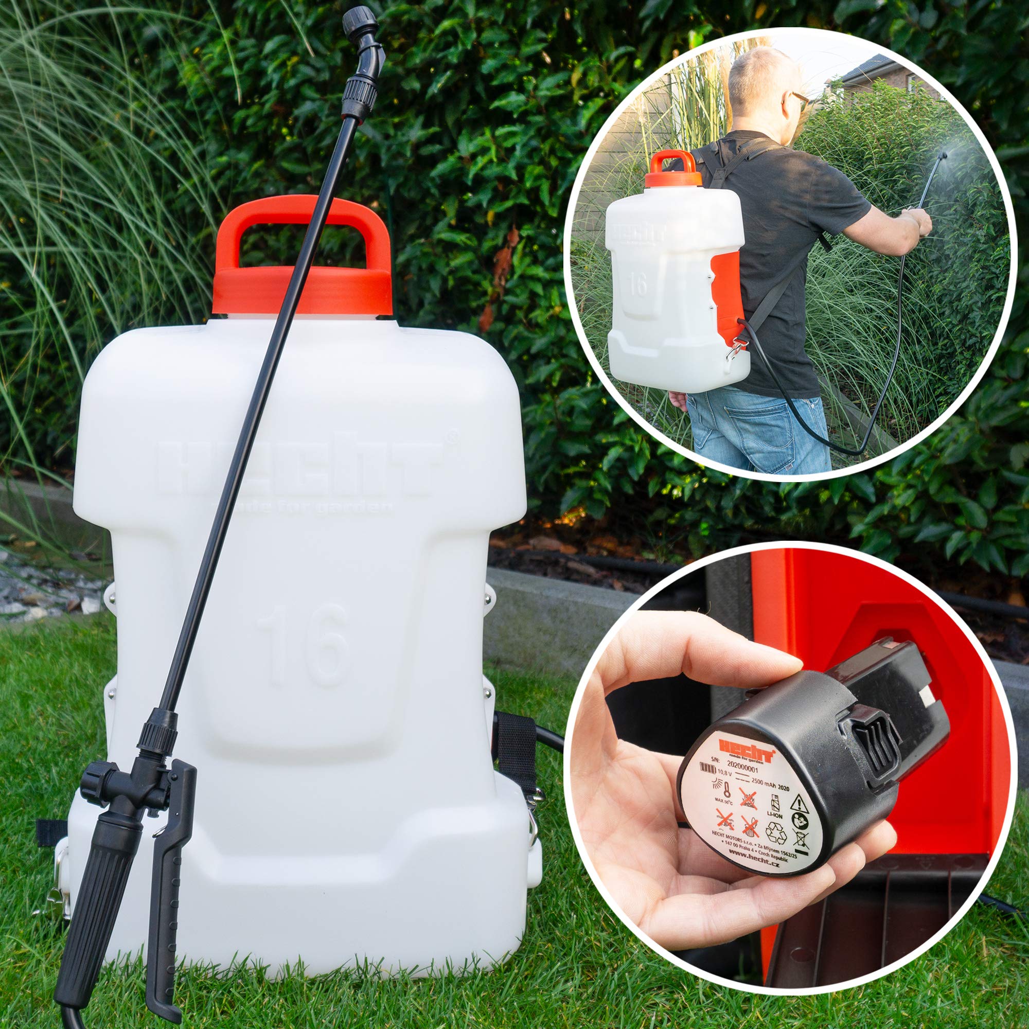 HECHT Akku Rückenspritze 16 L 2,5 Ah 2,5 bar Arbeitsdruck | Lithium-Ionen Akku, großer 16 Liter Behälter, 3 Düsen, ergonomischer Schultergurt, Drucksprüher 16 Liter