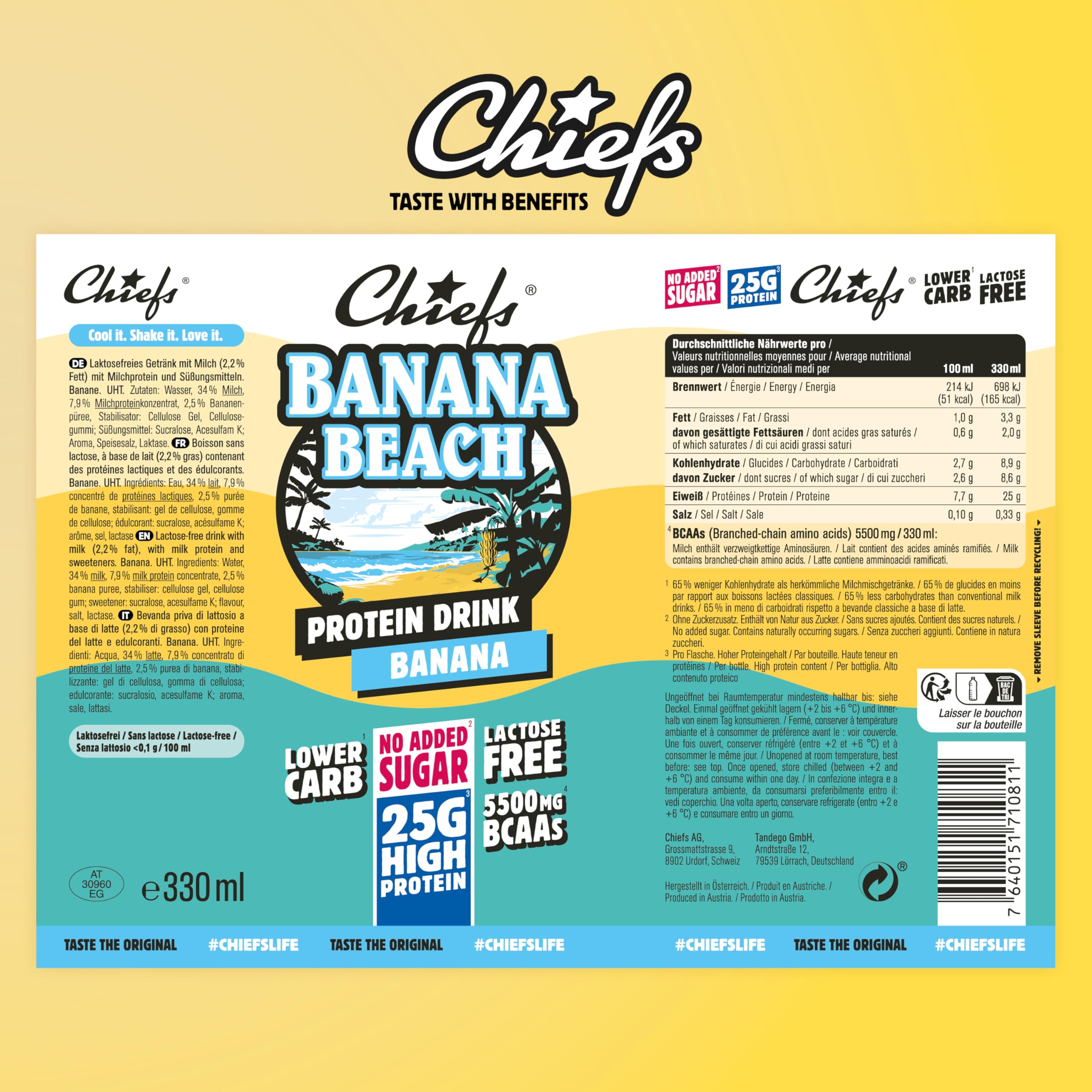 Chiefs® Milk Protein Drink con 25g di proteine e BCAA • Shake ad alto contenuto proteico a basso contenuto di carboidrati • Senza lattosio e senza zuccheri aggiunti • 8 x 330ml (Banana Beach)