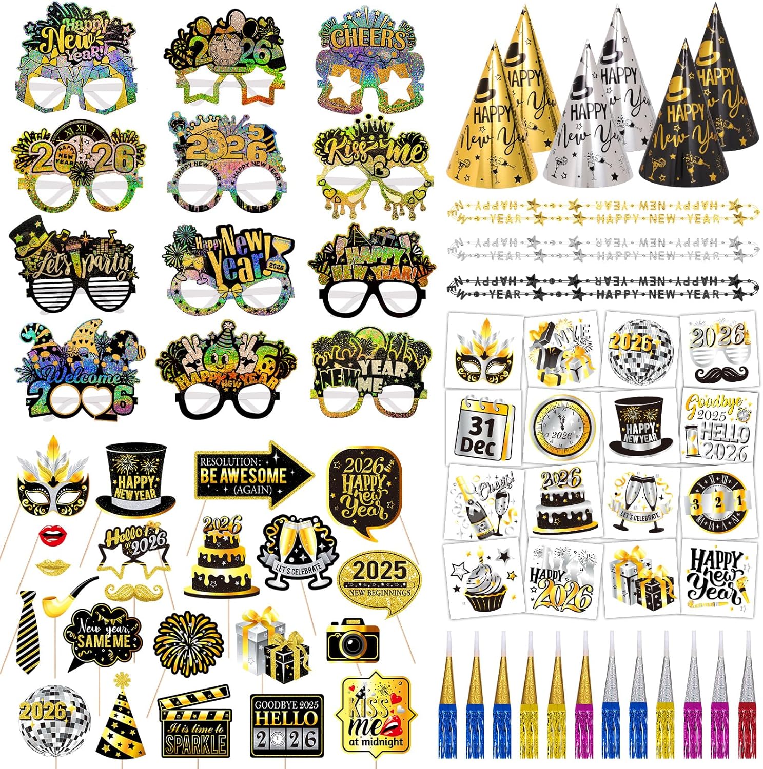 Konsait 94 PCS New Year Party Decorations Kit, 2026 Photo Booth Props, 2026 Glasses, NYE Hats, Noise Makers, Necklace, Temporary Tattoos New Years Eve Party Supplies