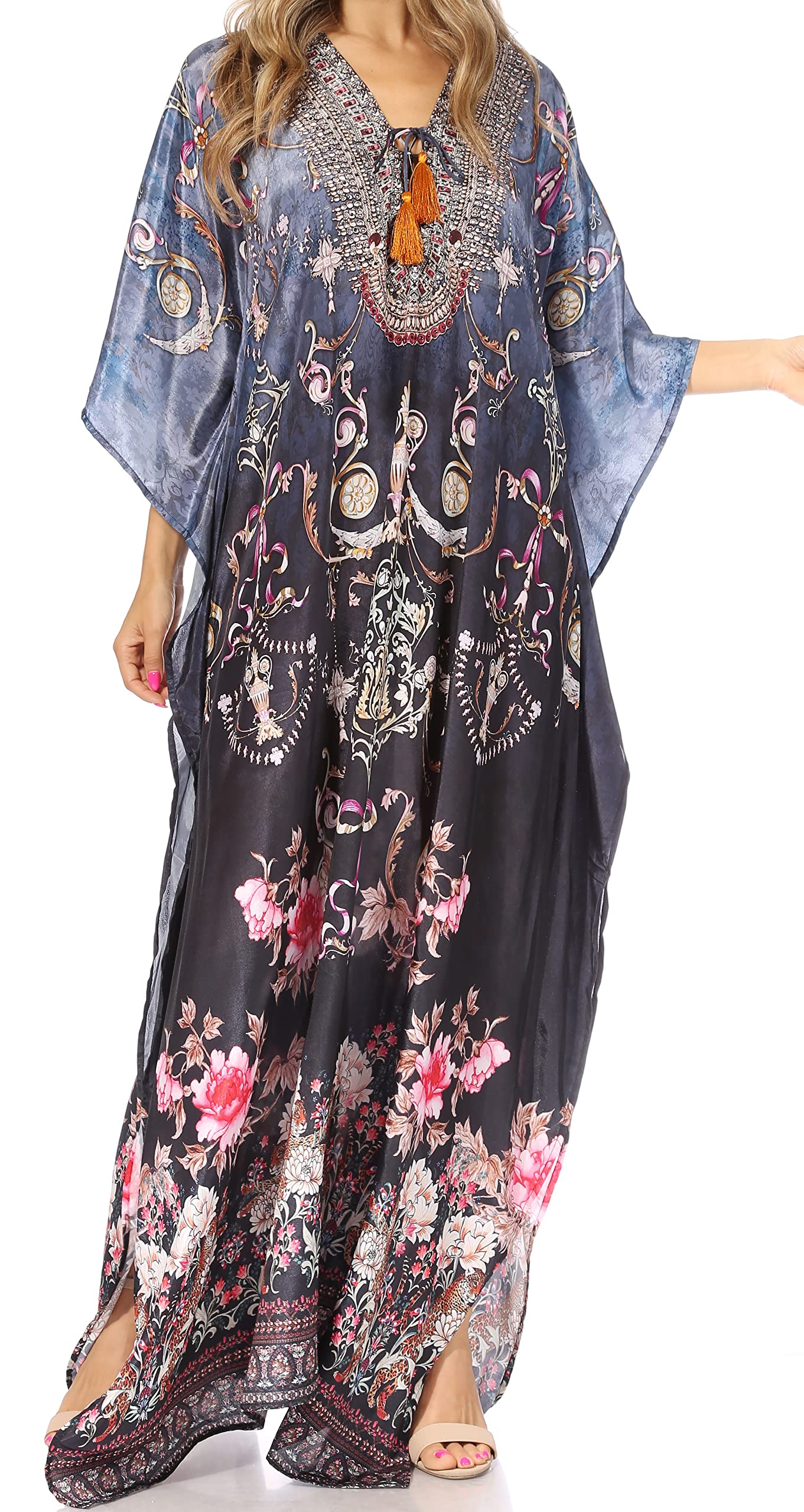 Sakkas Yeni Women's Short Sleeve V-Neck Summer Floral Long Caftan Dress Cover-up