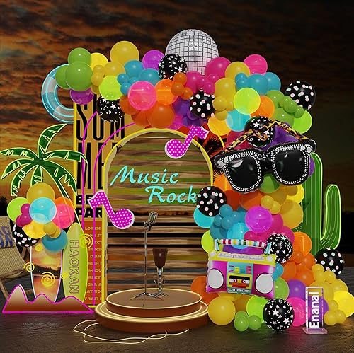 Decoraciones de fiesta con temática musical de neón, 165 globos que brillan en la oscuridad con gafas de radio de bola de discoteca retro, globos de