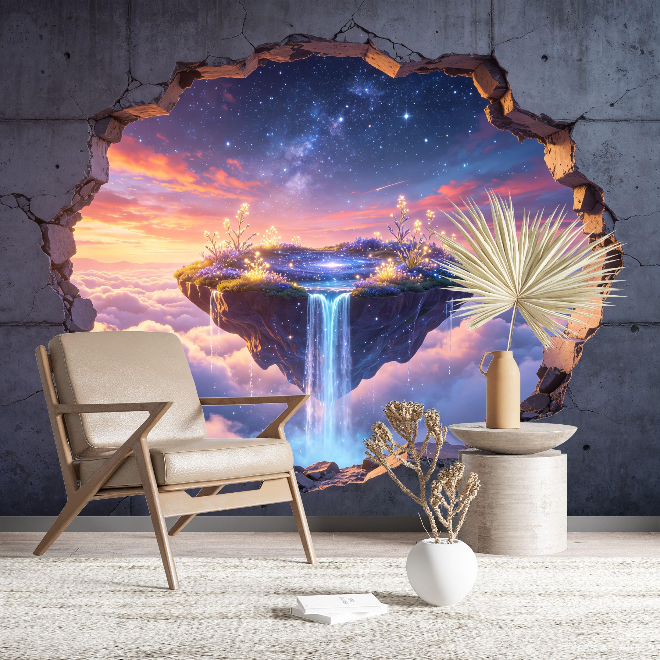 Custom Size Wall Murals Floating Island Waterfall Through Cracked Wall 3D Self-Adhesive Wall Fabric (NO PVC) Removable Wallpaper for Living Room Kids Room