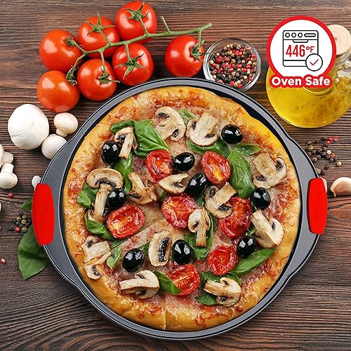 Miniatura 8 de Bakken - Bandeja para pizza  2 redondas con asas de silicona  Sartén para pizza de acero al carbono con agujeros y revestimiento antiadherente  PFOA