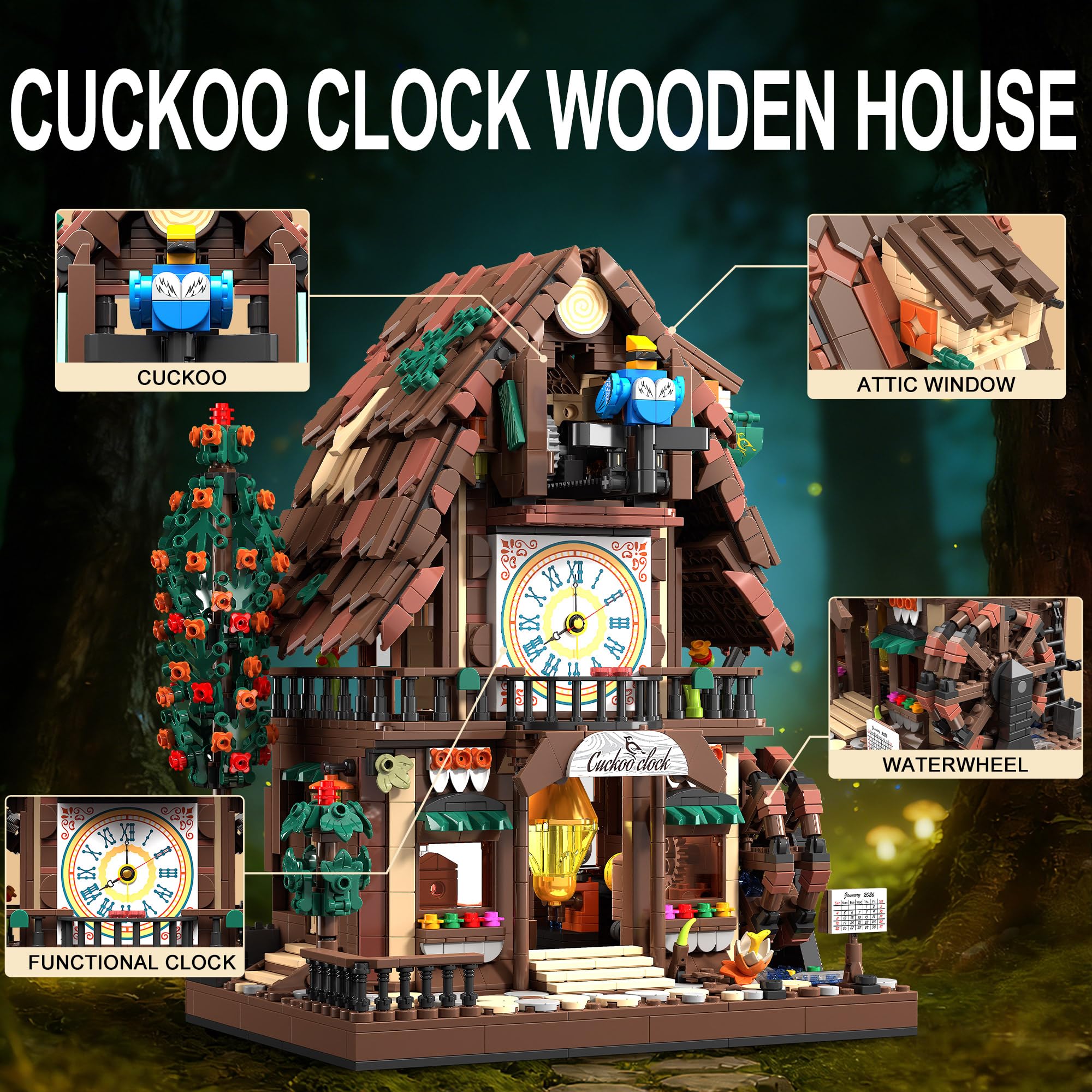 TYCOLE Set di Costruzione Casa con Orologio a Cucù 1909 Pezzi con Orologio Funzionante, Uccello Meccanico Pop-up e Ruota ad Acqua, Decorazioni, Costruzioni per Bambini, Regalo Bambino Bambina 8 Anni