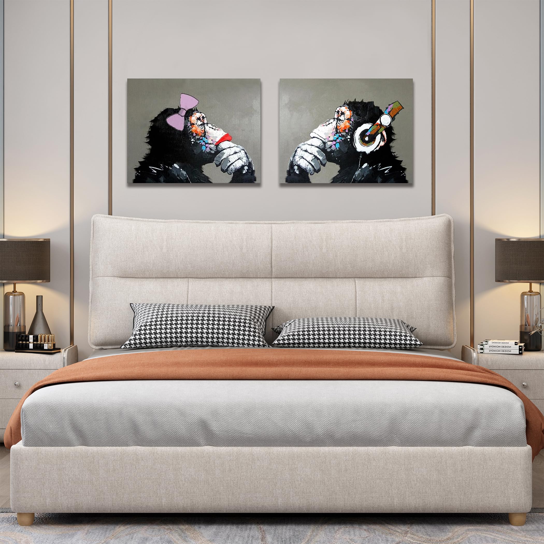 Peint À La Main Peinture À L'huile Sur Toile Écouter Musique Pop Gorille Couple Amant Mur Décor Encadré Prêt à Accrocher