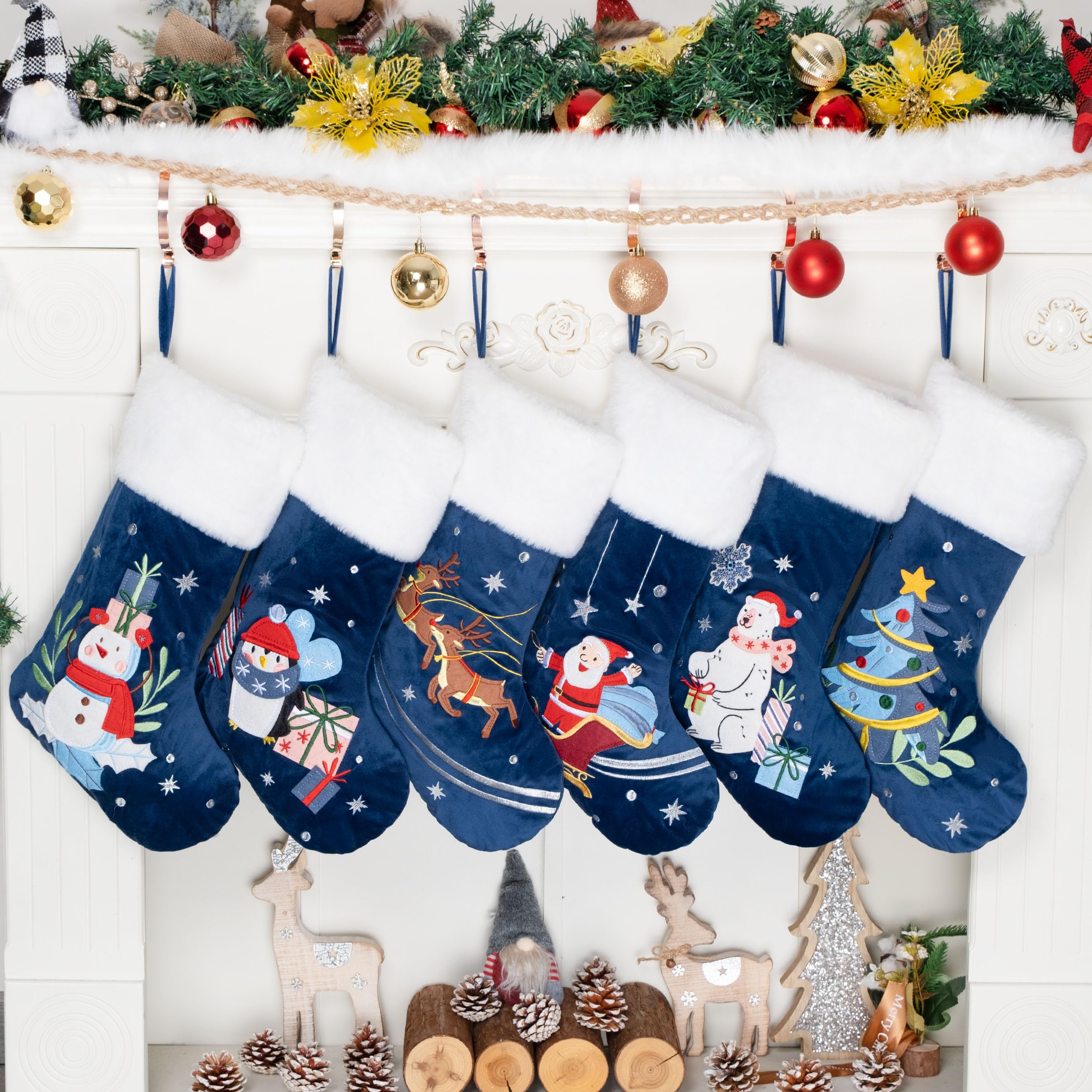 LUBOT Juego de 6 medias de Navidad (20 pulgadas), calcetines familiares azules grandes bordados de franela con piel sintética suave para colgar en la chimenea, decoraciones navideñas, paquete de 6