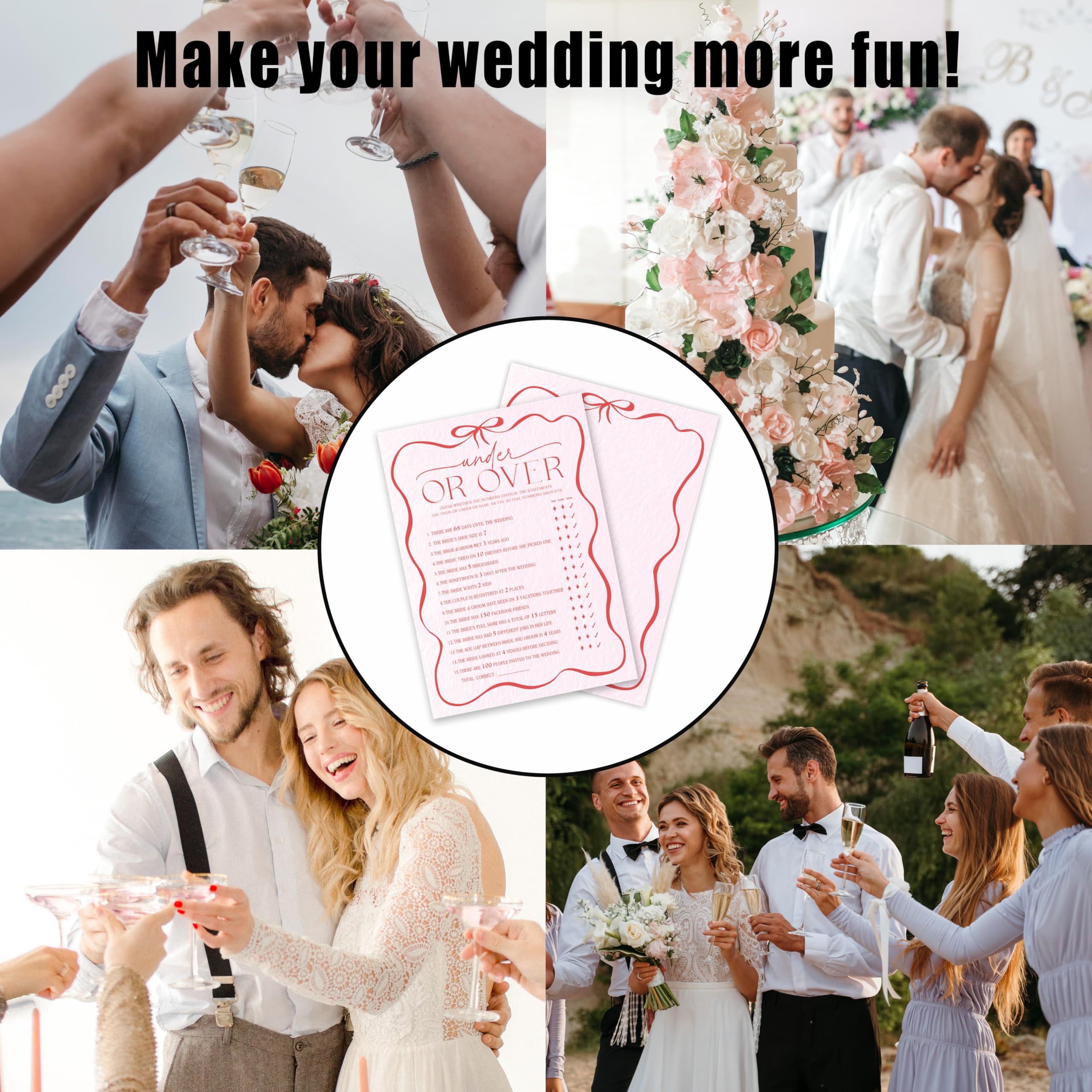 Tarjetas de juego de despedida de soltera con lazo rosa de 5 x 7 pulgadas, debajo o más, 30 tarjetas de juego de boda de doble cara, compromiso y fiesta de boda, actividades y decoración, A04