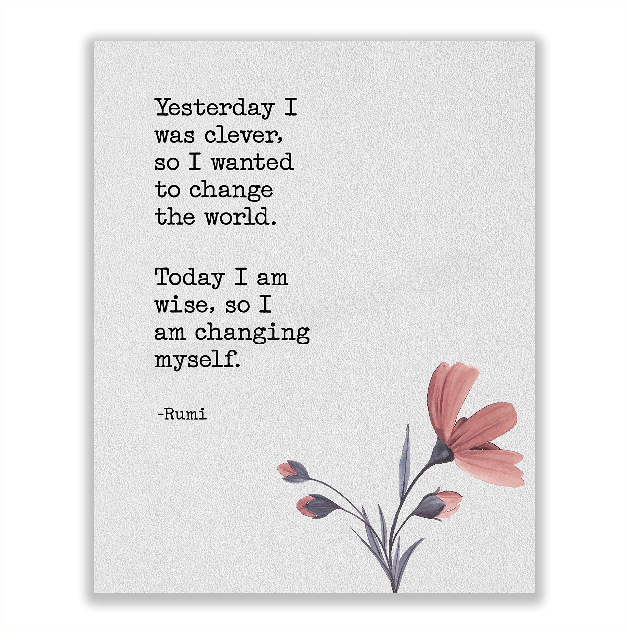 "Today I Am Wise" Rumi Quote Wall Art Print - 8x10" Inspirational Floral Print For Living Room, Bedroom, Office - Ideal Home Wall Accent, Unframed