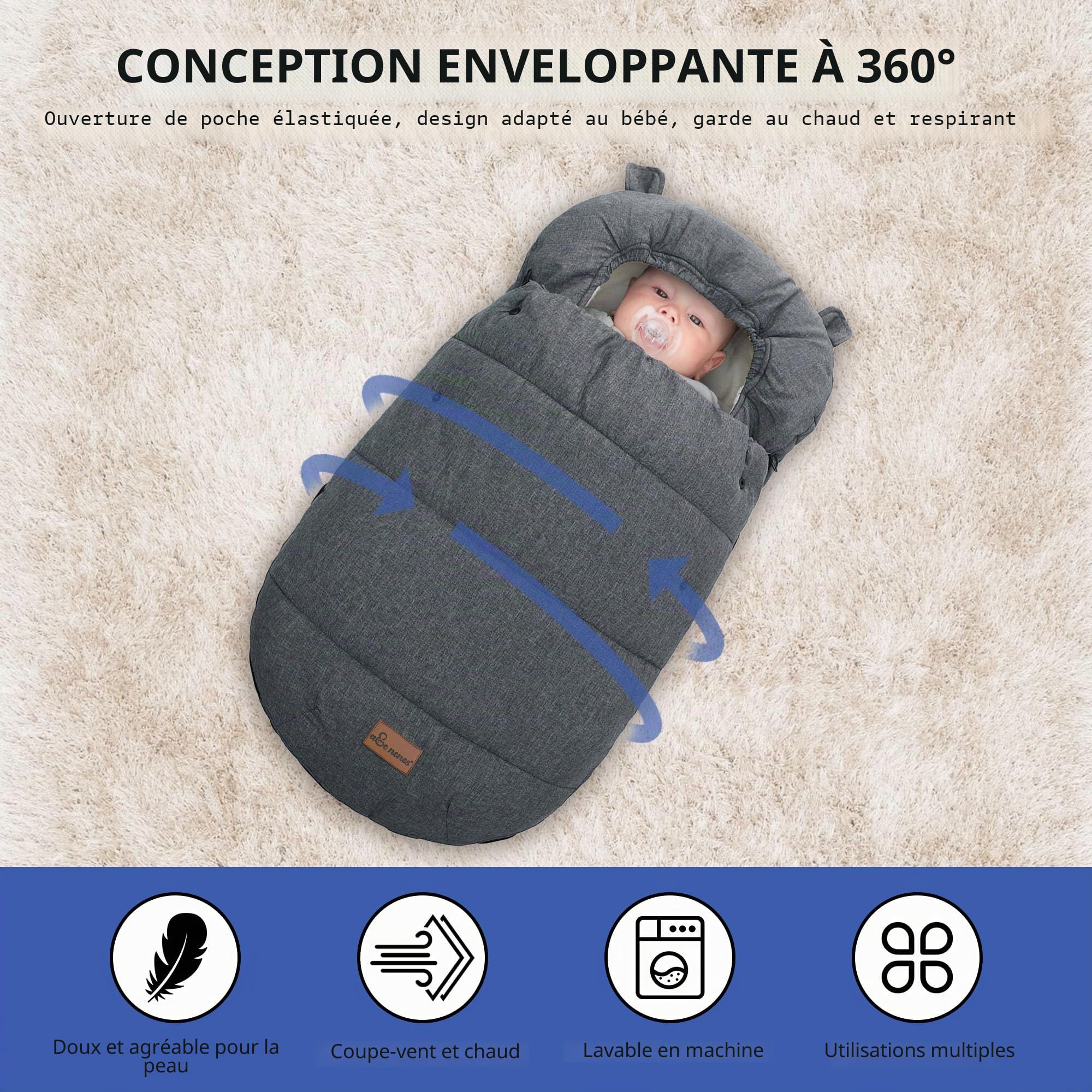 Chanceliere Universelle pour Poussette Antidérapant, Chanceliere Bebe Chaude pour Poussette/Landaus Siège Auto, 90 x 52cm (Gris Foncé)