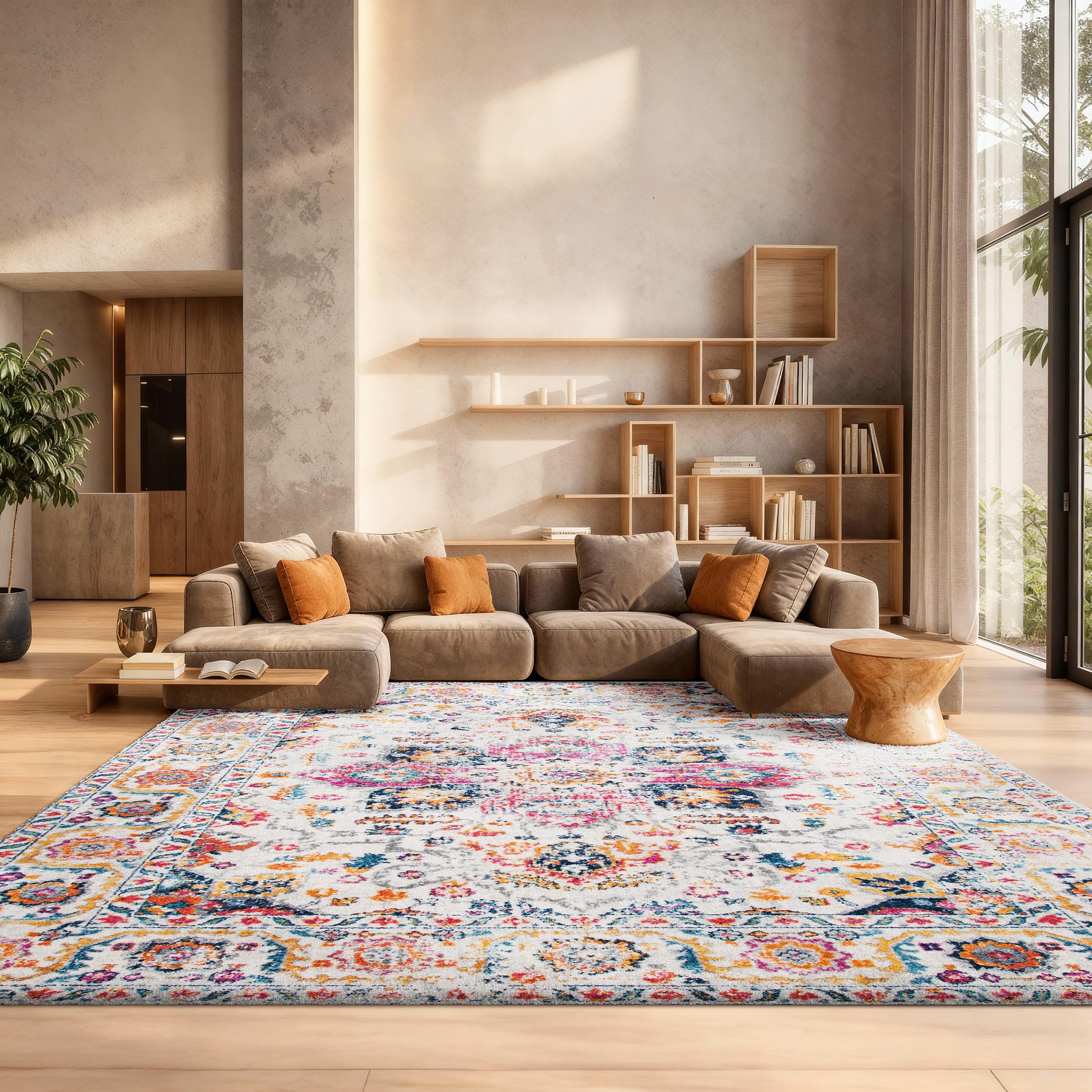 SAFAVIEH Area Rug 8x10 - Madison Collection - Large - Purple Pink Fuchsia & Ivory, Boho Chic Distressed Design, Non-Shedding & Easy Cleaning, Ideal for Living Room, Bedroom, Dining Space (MAD603R)