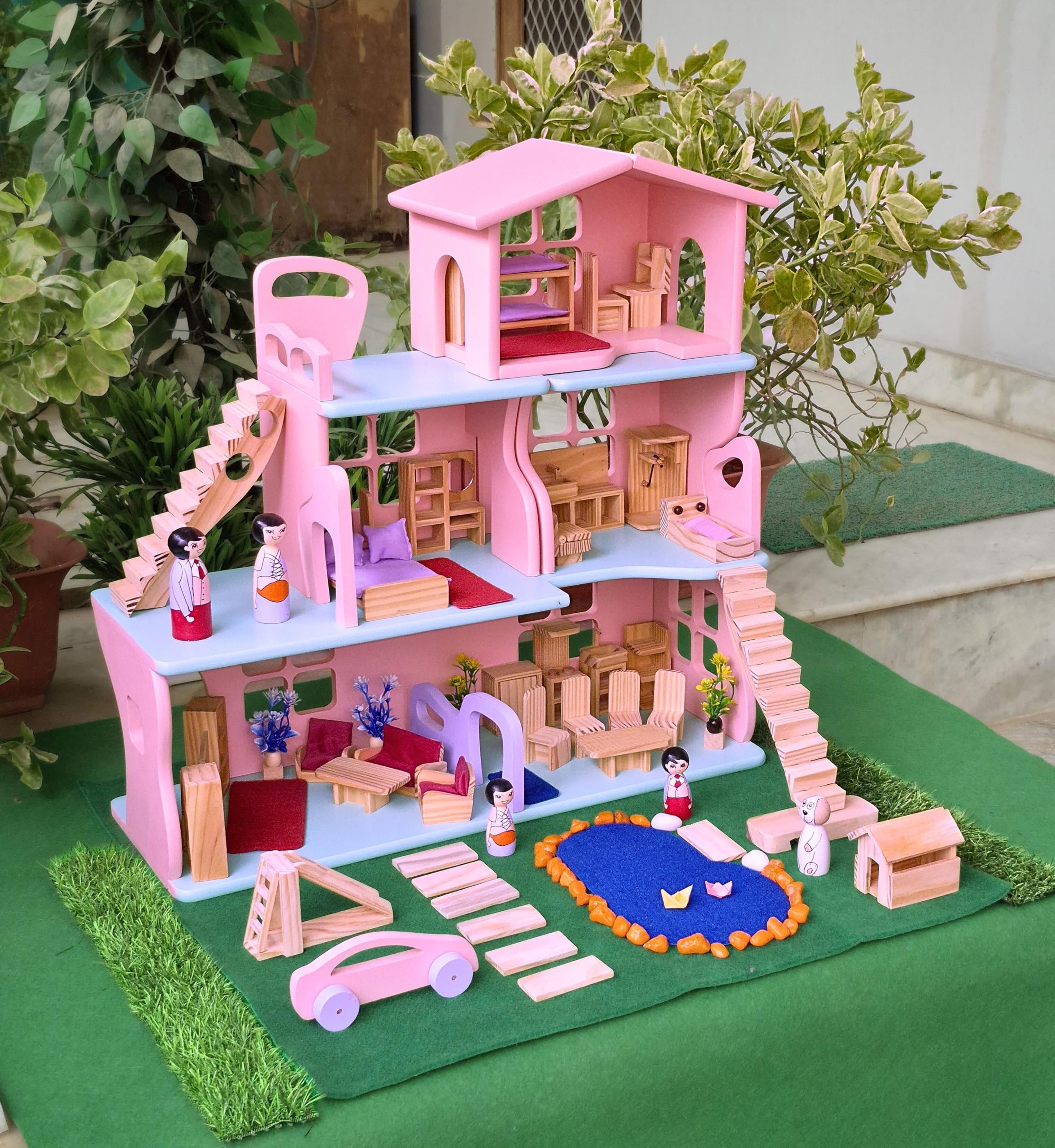 Wooden Big Dollhouse Castle Large Doll House with Furniture playset (Fully Loaded Multi Arrangement 3 Story with Garden)-image-25
