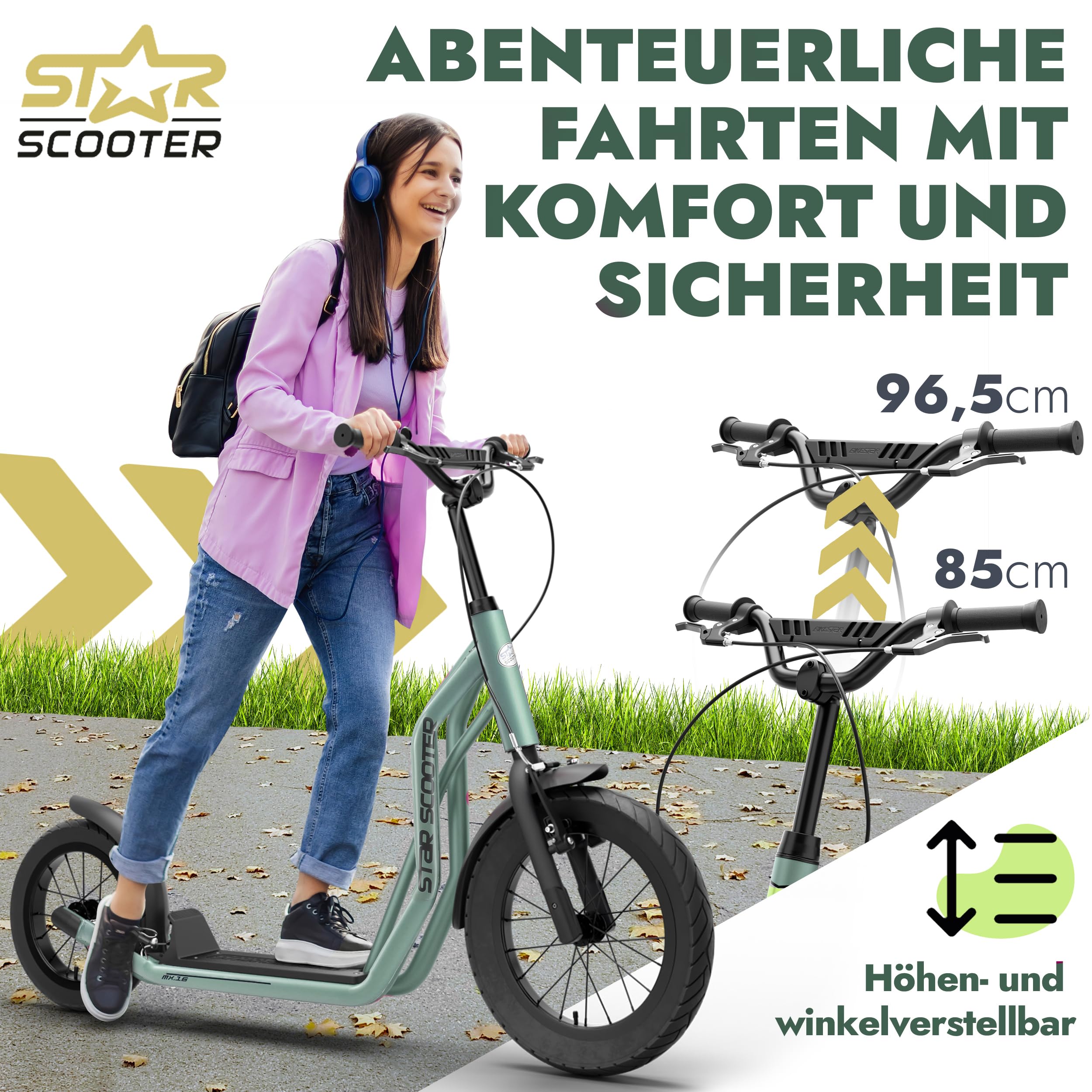 STAR SCOOTER Kinder Tret Roller ab 7-8 Jahre | 16/12 Zoll Mixed City Kick Scooter Luftreifen