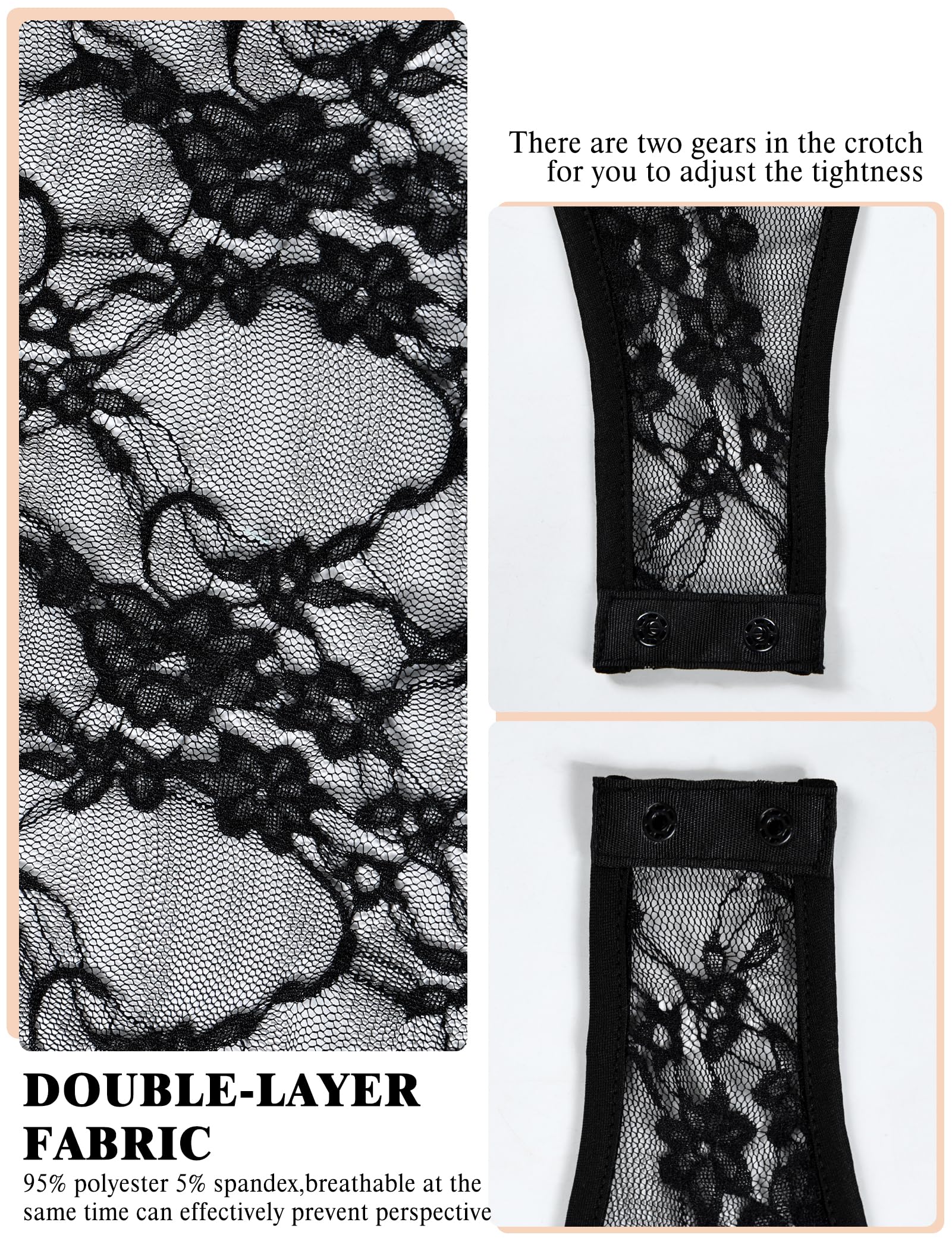 Buauty Body de malla para mujer, traje de cuerpo de encaje para mujer, manga larga, parte superior de malla transparente, cuello alto falso, ropa sexy