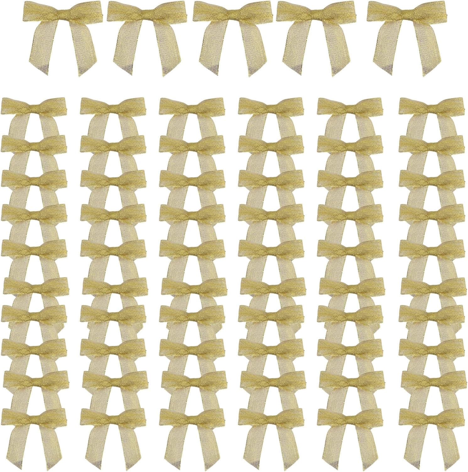100 Pcs 1.5 Inches Pretied Premade Craft Bows with Twist Tie Self Adhesive Satin Ribbon Bows for Treat Bags Gift Wrapping Basket Wedding Baby Shower Brithday Party (Metallic Gold)