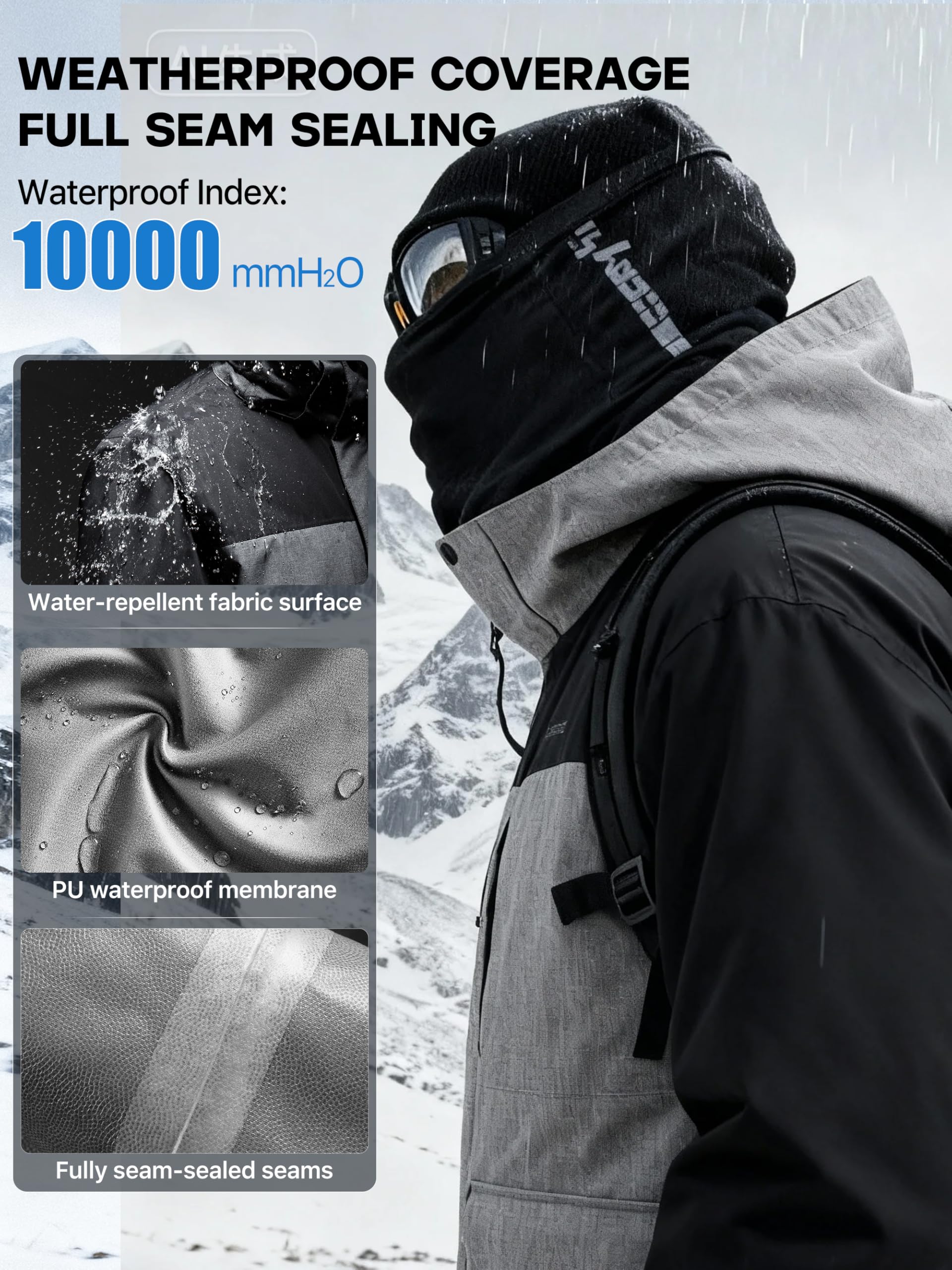FREE SOLDIER Men's Waterproof Ski Jacket Fleece Lined Warm Winter Snow Coat with Hood Fully Taped Seams