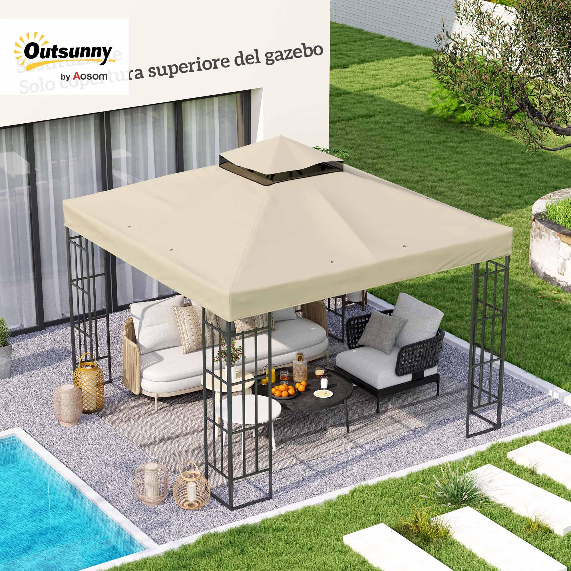 Outsunny Tetto di Ricambio per Gazebo 3x3 m 2 Livelli, Telo Copertura Resistente all'Acqua in Tessuto Oxford 370g/㎡ Anti-UV 30+ con Fori di Drenaggio, Crema