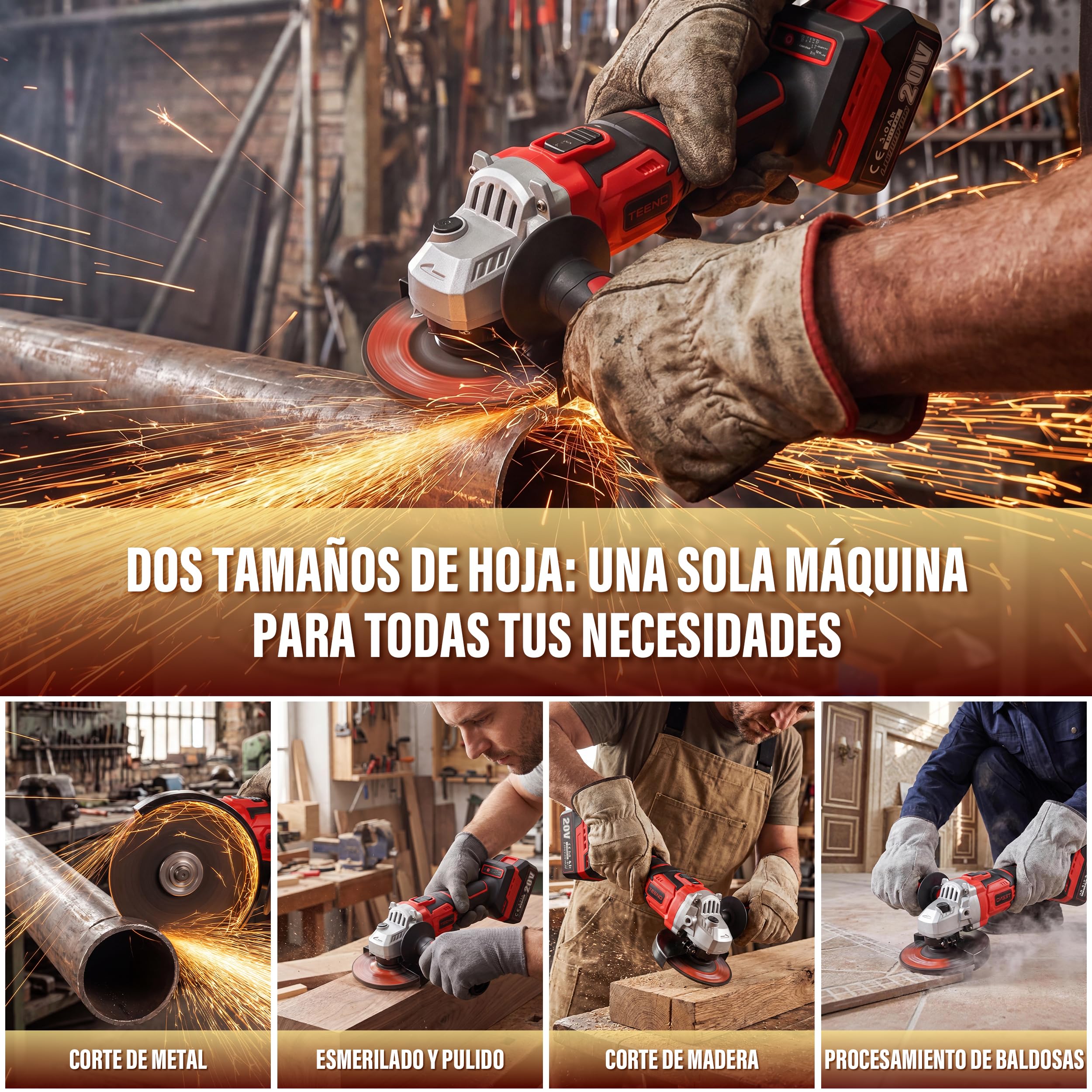 TEENO Herramientas, atornillador, llave impacto y amoladora angular batería | Equipado motor sin escobillas, pilas 3Ah y vel regulable, juego herramientas completo apto para corte, taladrado y apriete